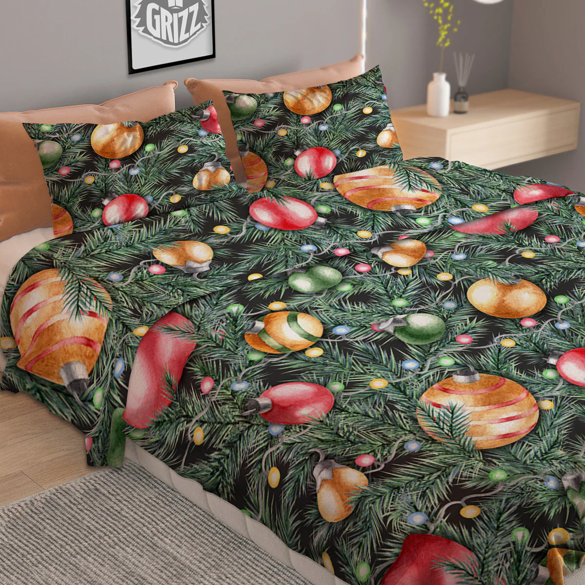 Merry Christmas Watercolor Print Pattern Duvet Cover Bedding Set - Image 2
