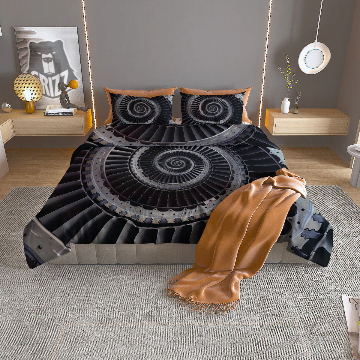 Metal Spiral Dark Navy Print Duvet Cover Bedding Set