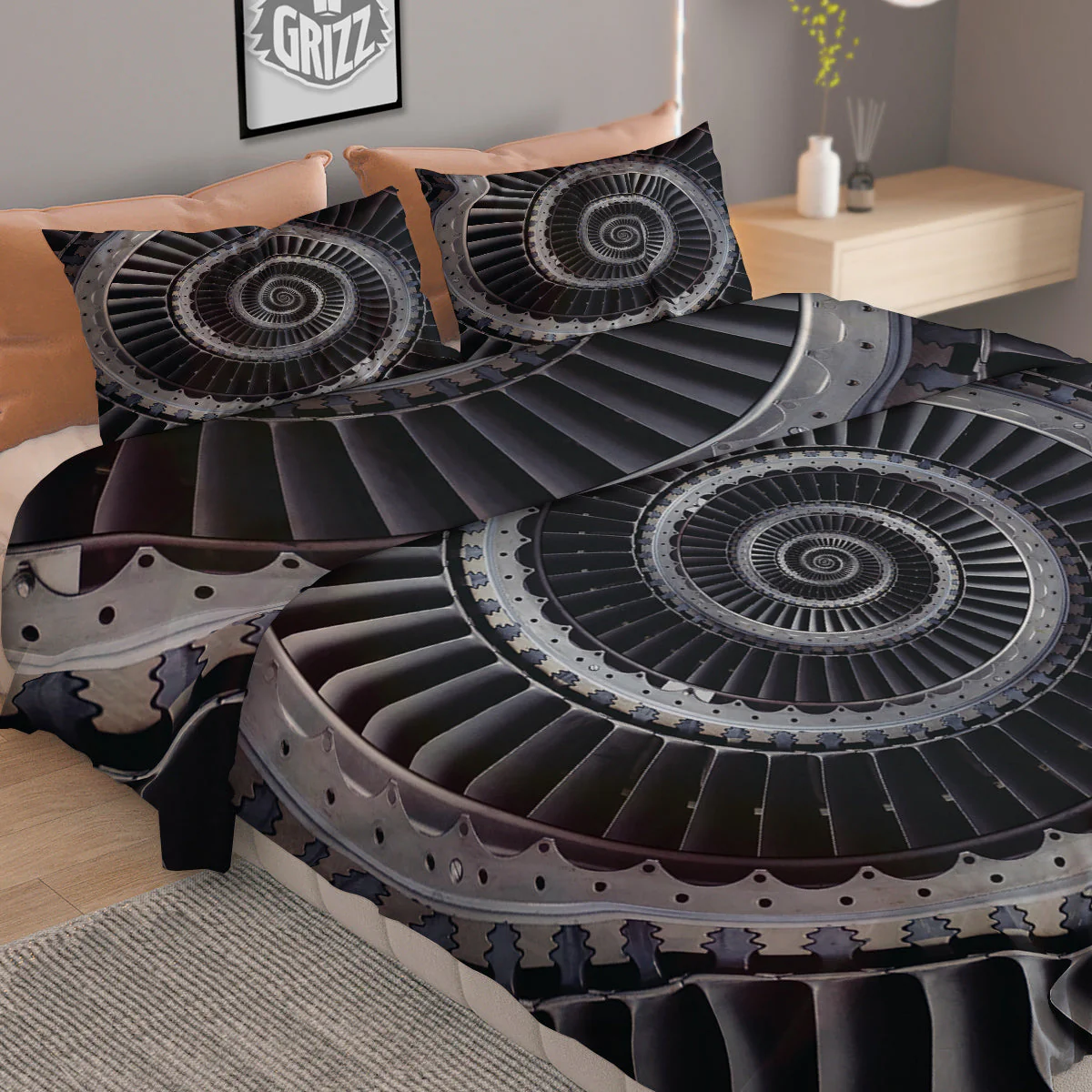 Metal Spiral Dark Navy Print Duvet Cover Bedding Set - Image 2