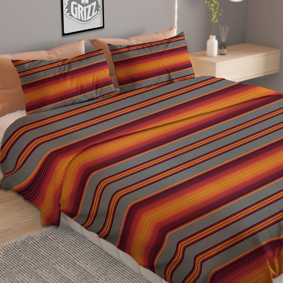 Mexican Serape Grey Orange Print Duvet Cover Bedding Set - Image 2