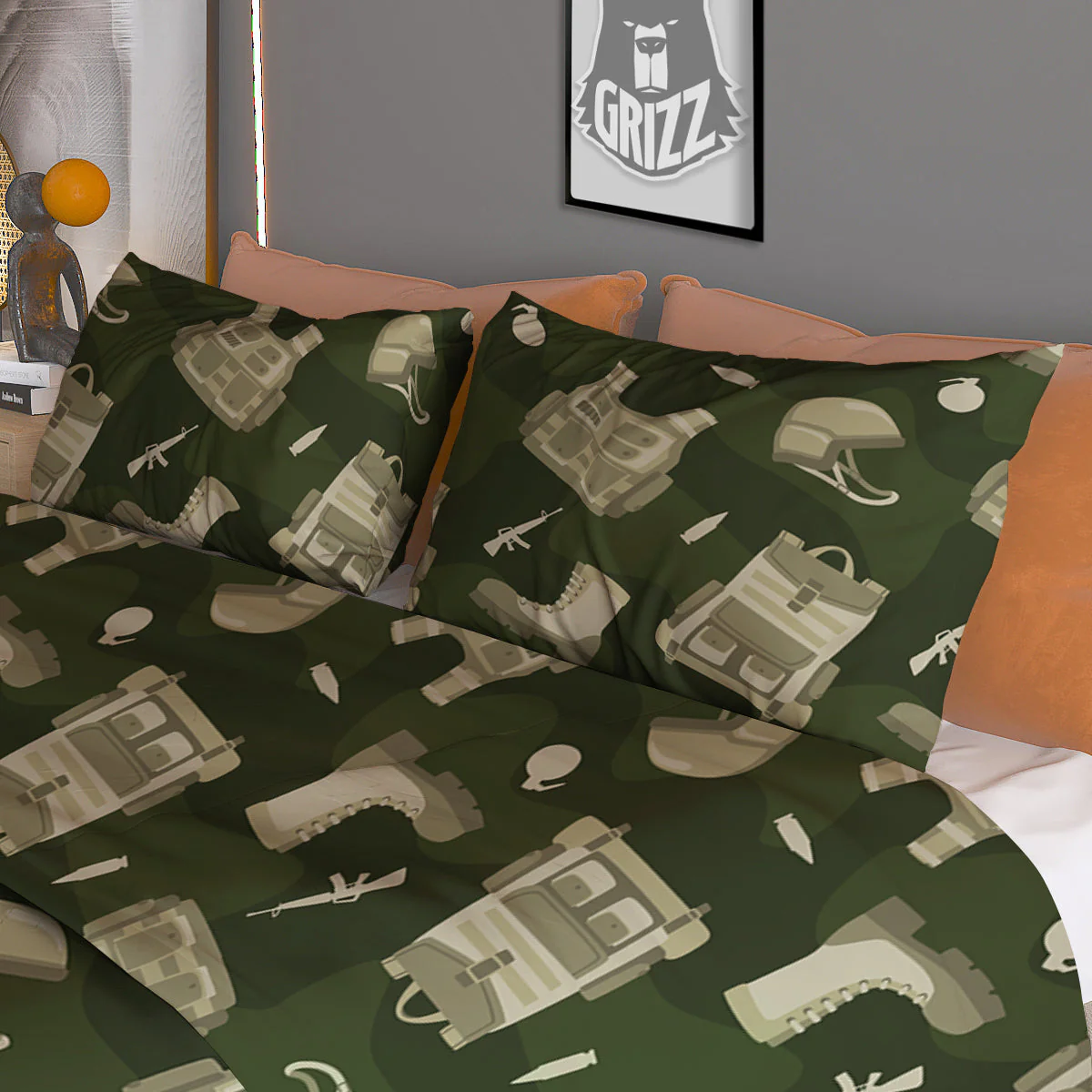 Military Helmet Backpack Print Pattern Duvet Cover Bedding Set - Image 3