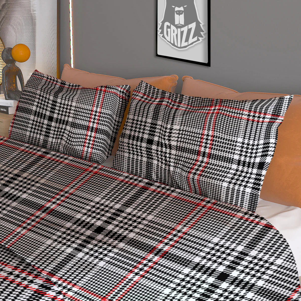 Modern Tartan Plaid White And Black Red Print Duvet Cover Bedding Set - Image 3
