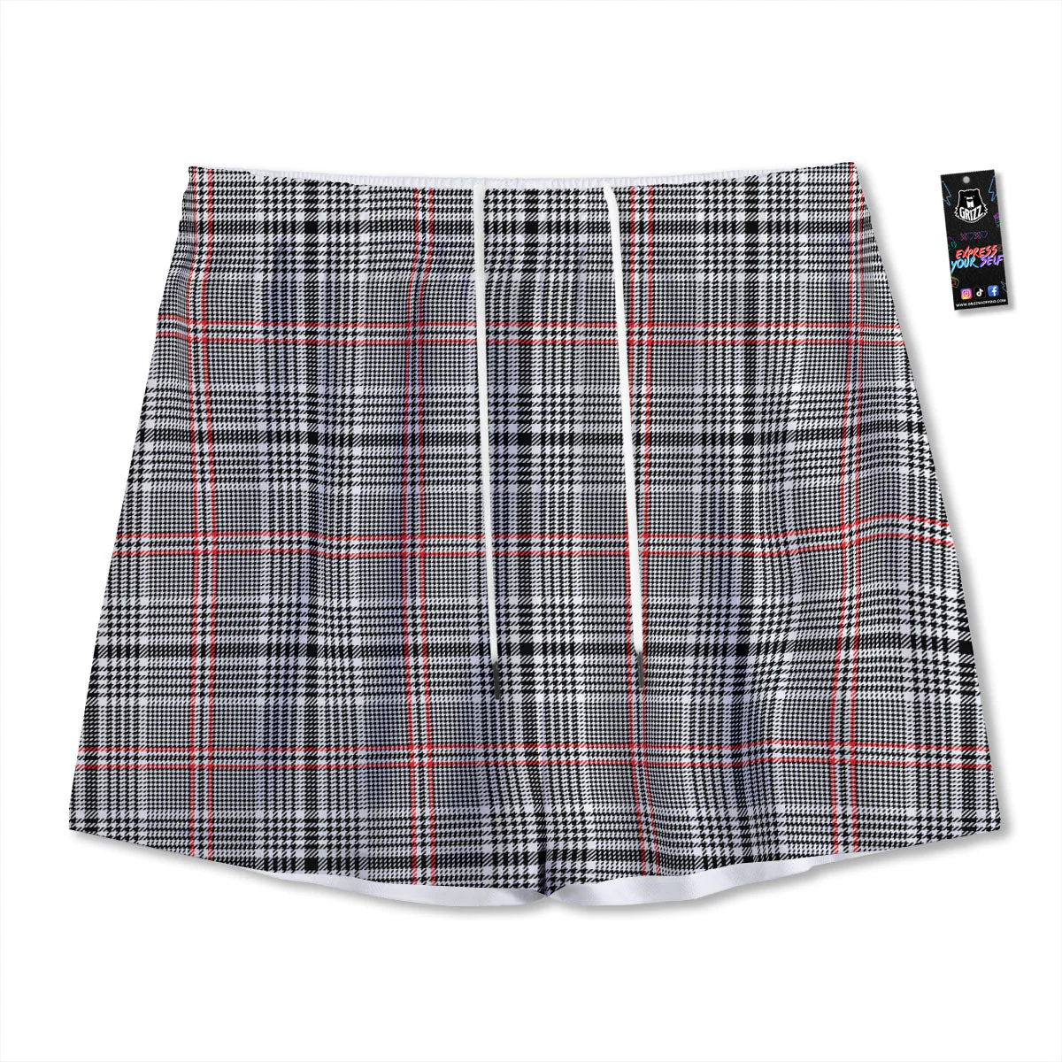 Modern Tartan Plaid White And Black Red Print Mesh Shorts