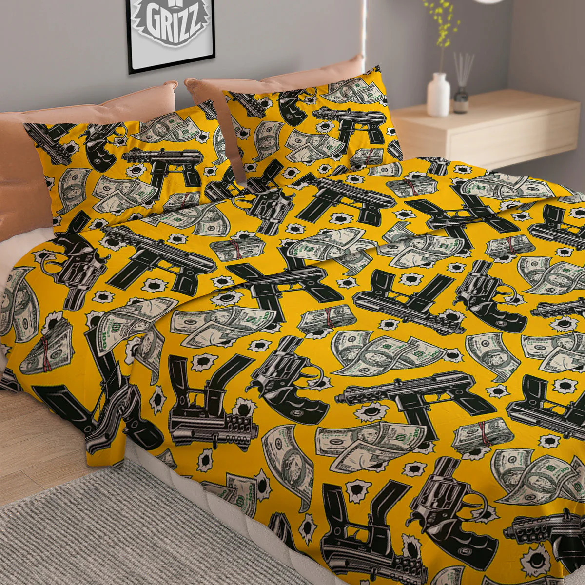 Money And Weapon Vintage Print Pattern Duvet Cover Bedding Set - Image 2