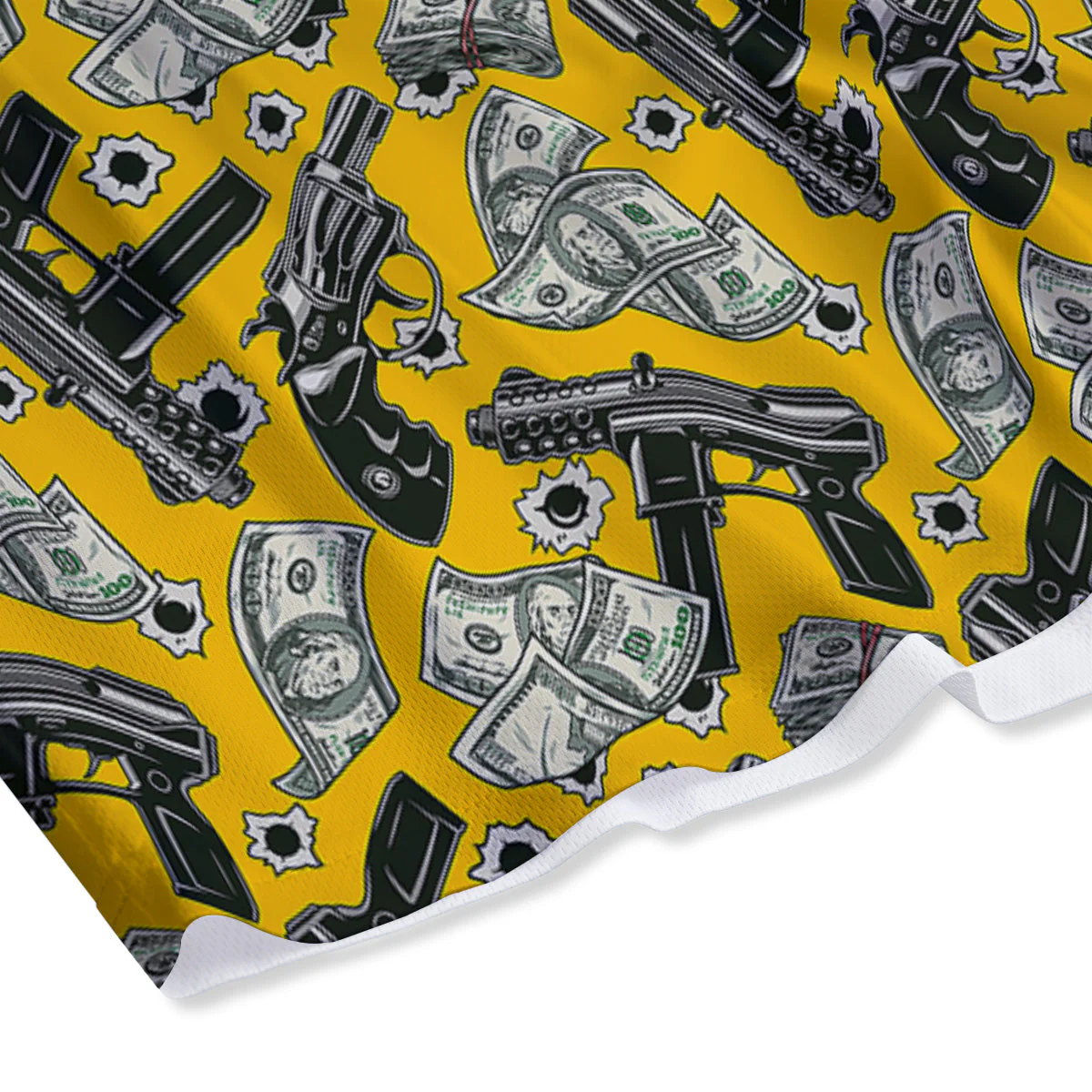 Money And Weapon Vintage Print Pattern Mesh Shorts - Image 4