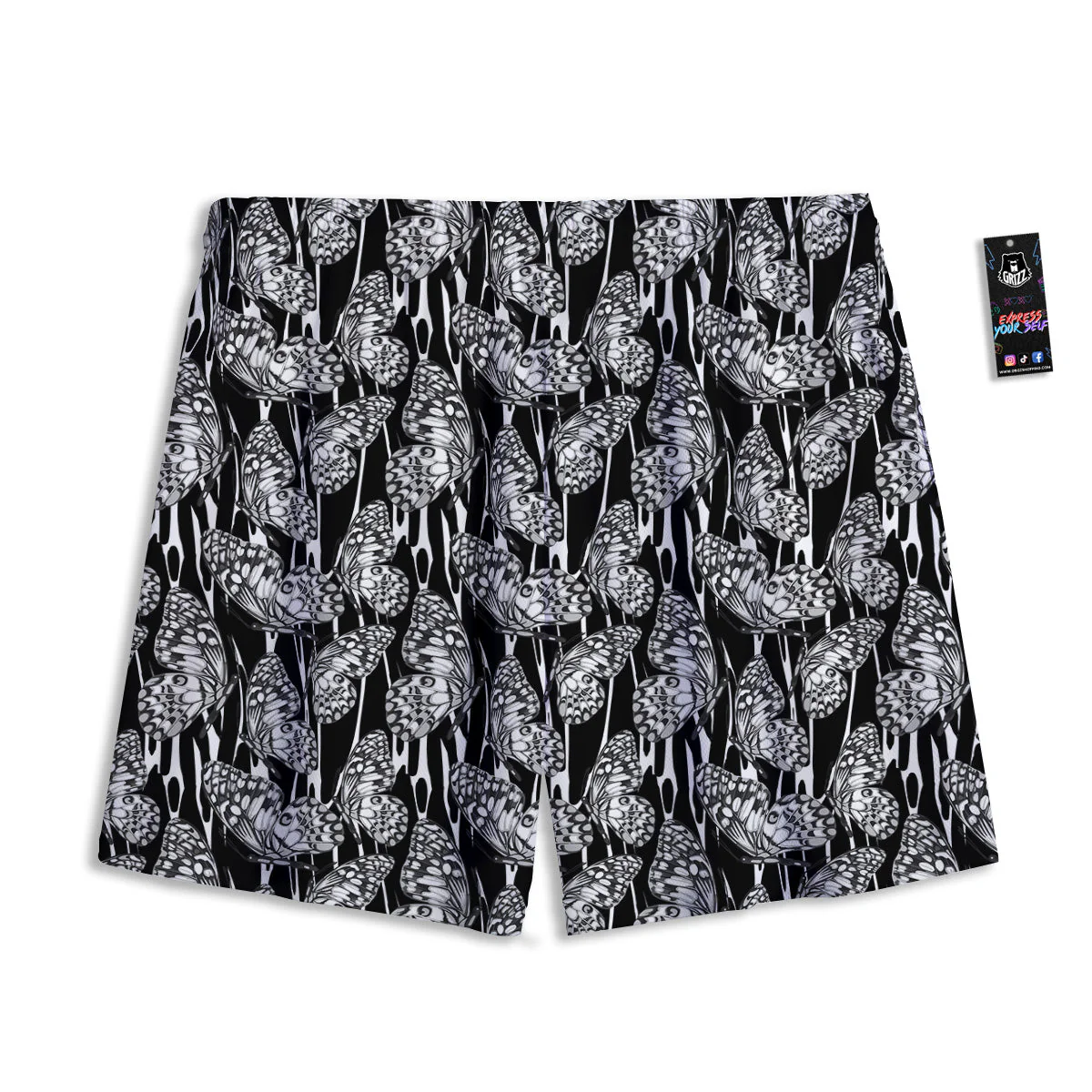 Monochrom Butterfly Print Pattern Mesh Shorts - Image 2