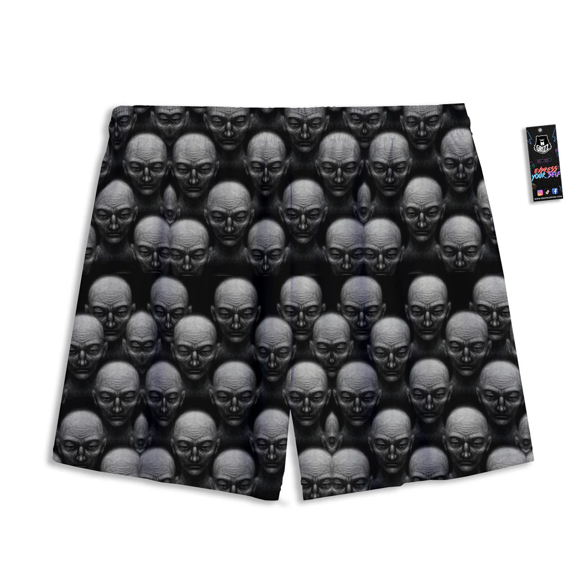Monochrome Scary Faces Hand Drawn Print Pattern Mesh Shorts - Image 2