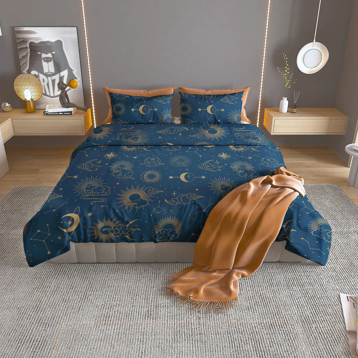 Moon And Blue Sun Print Pattern Duvet Cover Bedding Set