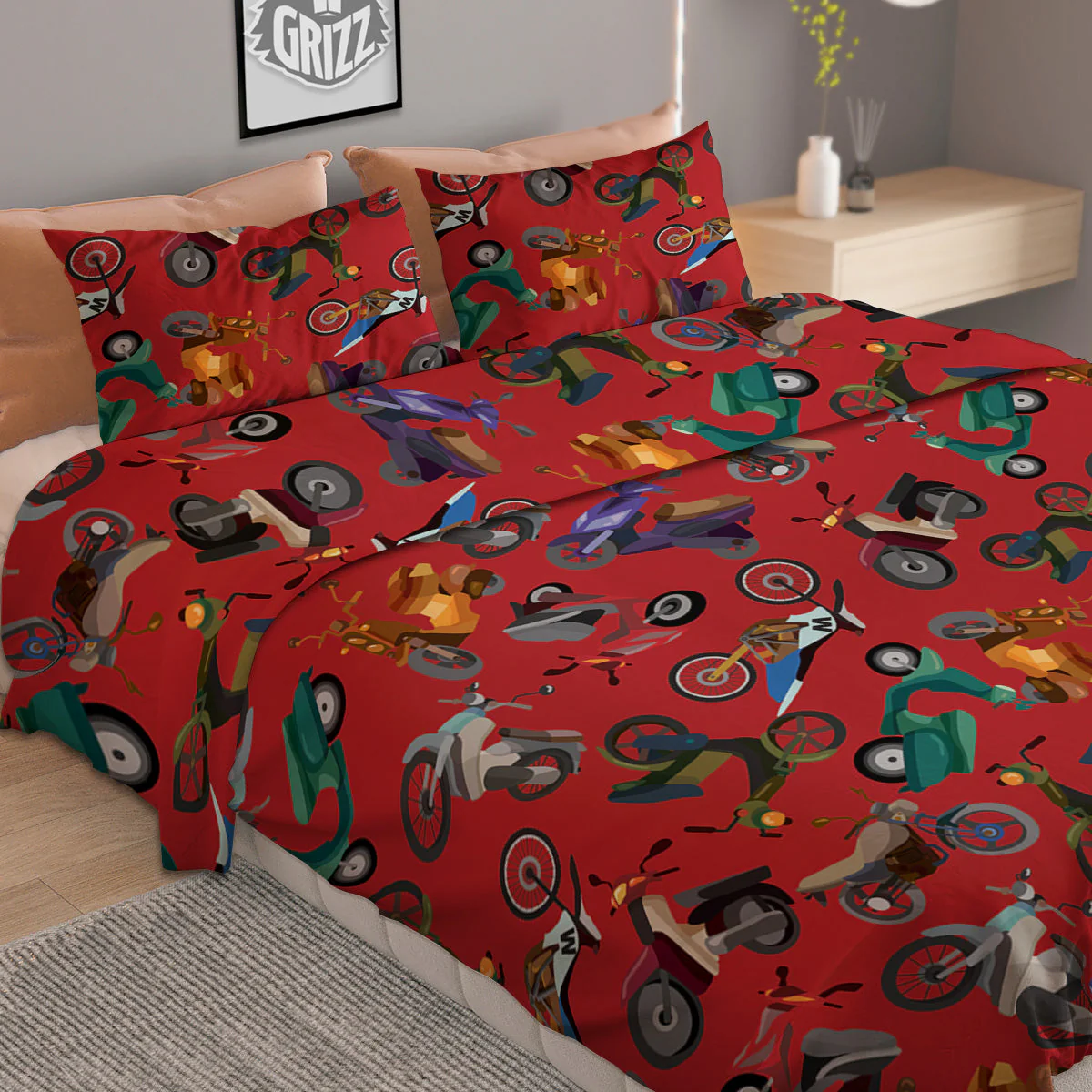 Motorcycle And Red Print Pattern Duvet Cover Bedding Set - Image 2