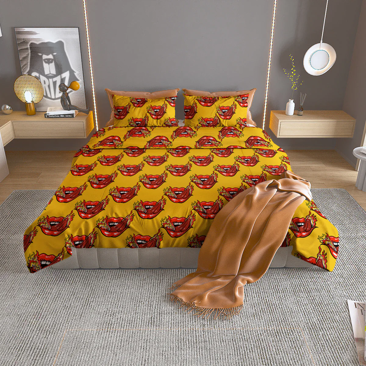 Mouth And Tongue Sticking Fire Print Pattern Duvet Cover Bedding Set