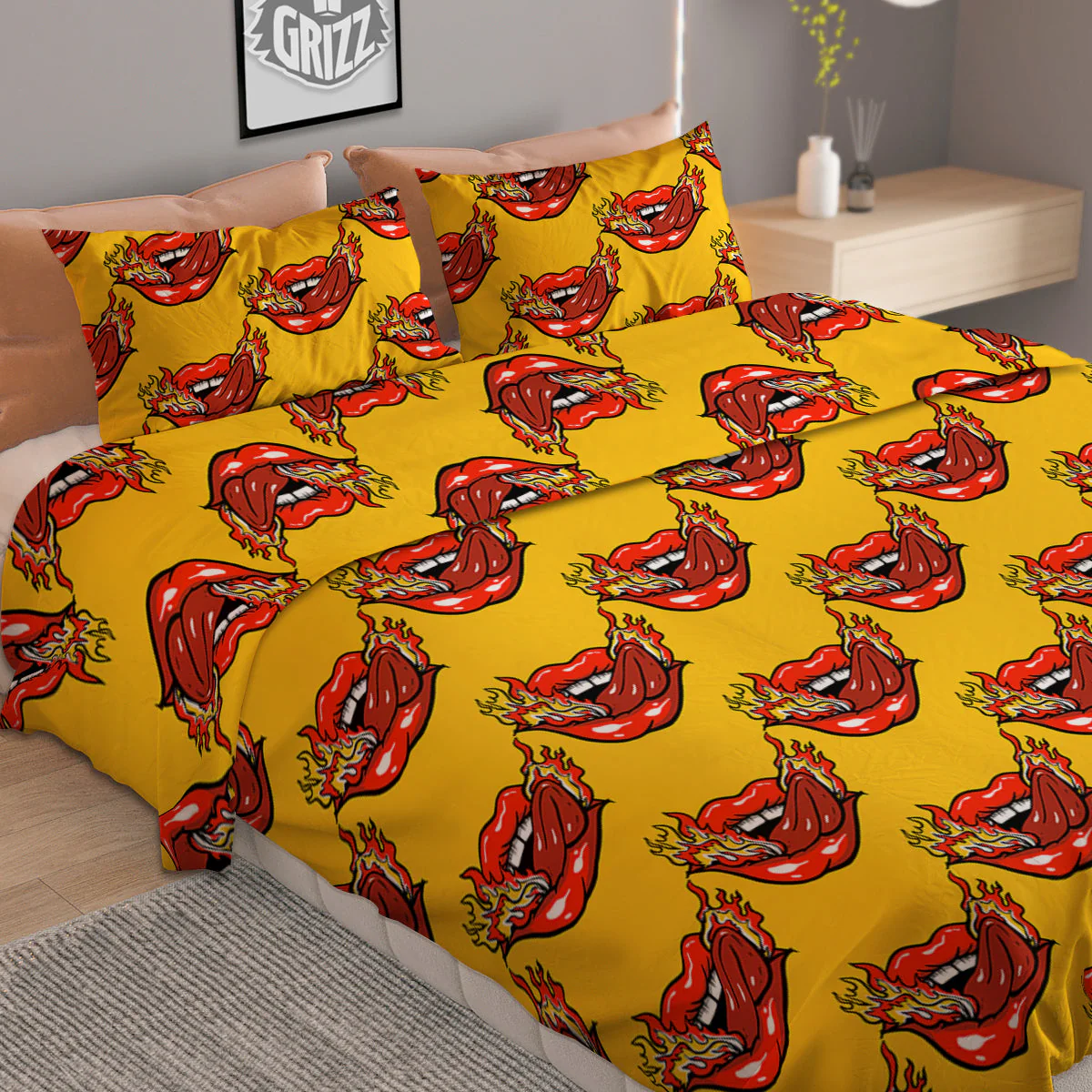 Mouth And Tongue Sticking Fire Print Pattern Duvet Cover Bedding Set - Image 2