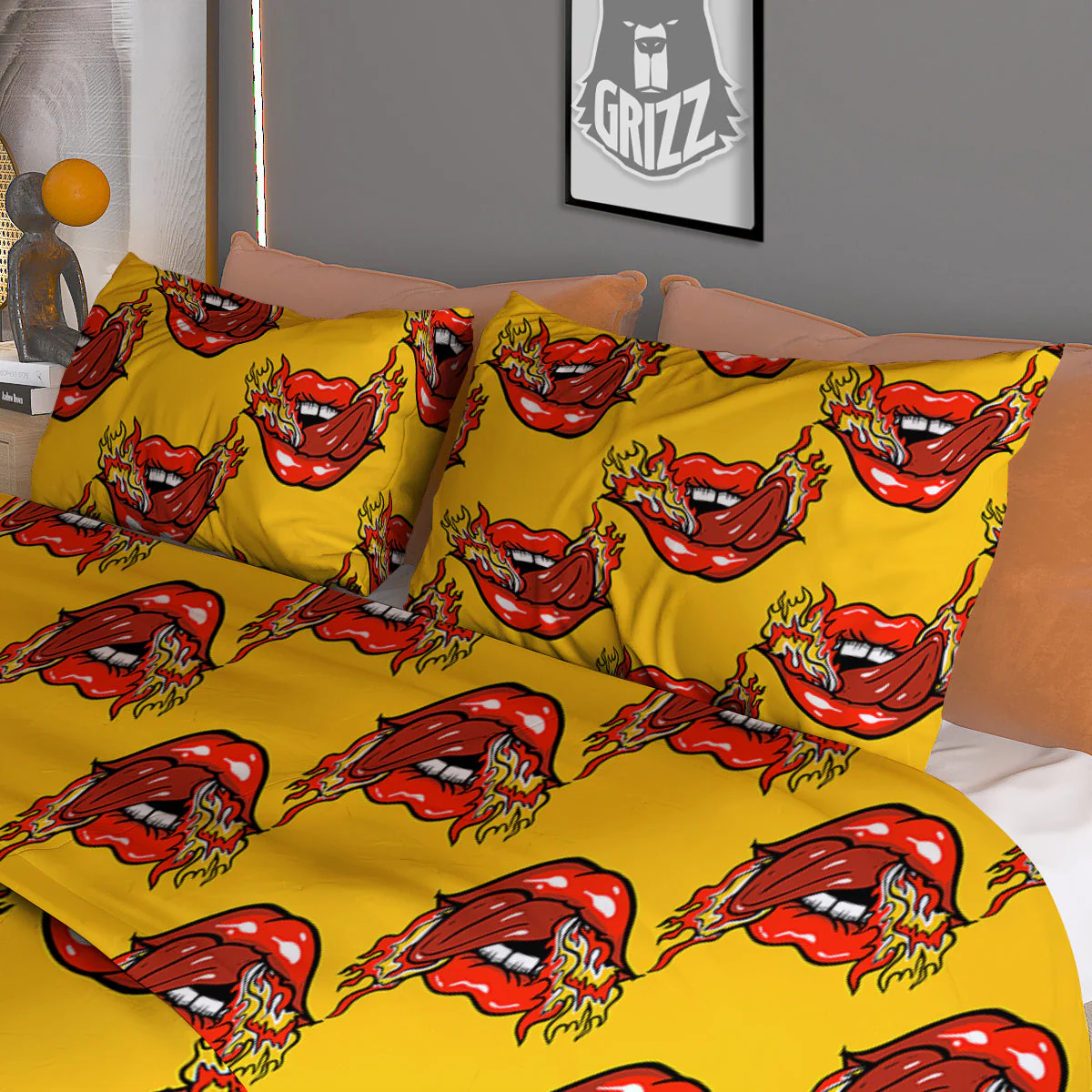 Mouth And Tongue Sticking Fire Print Pattern Duvet Cover Bedding Set - Image 3