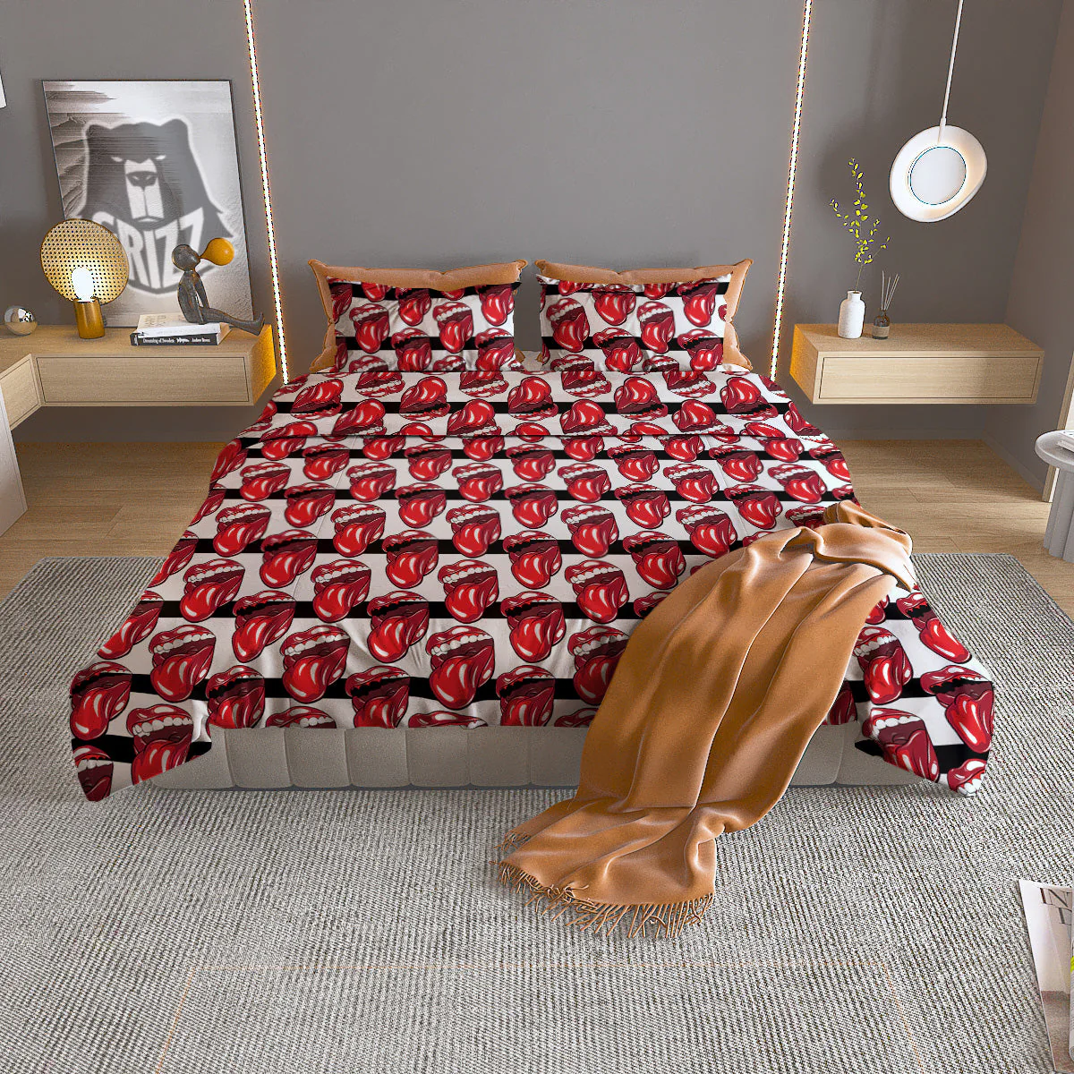 Mouth And Tongue Stripe Print Pattern Duvet Cover Bedding Set