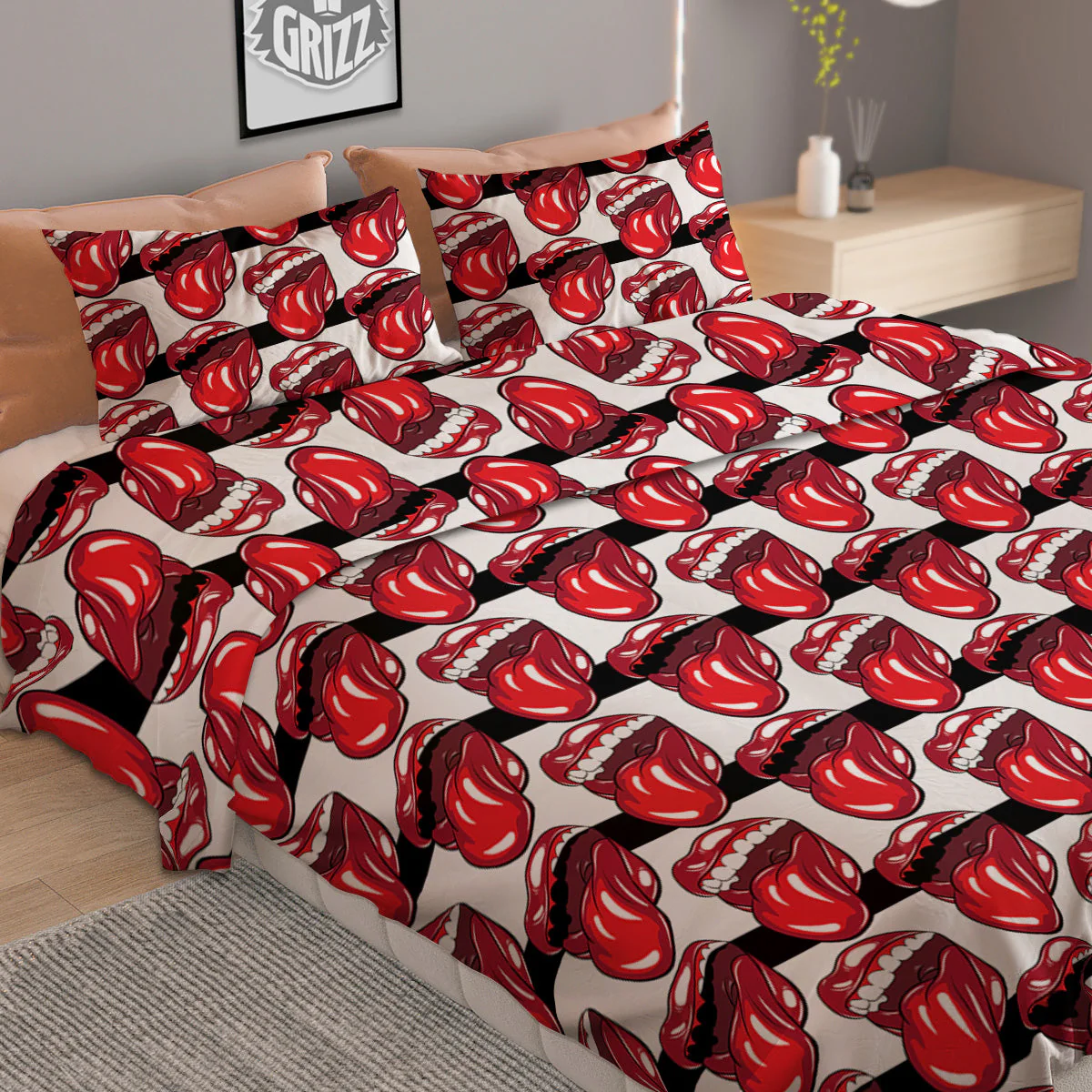 Mouth And Tongue Stripe Print Pattern Duvet Cover Bedding Set - Image 2