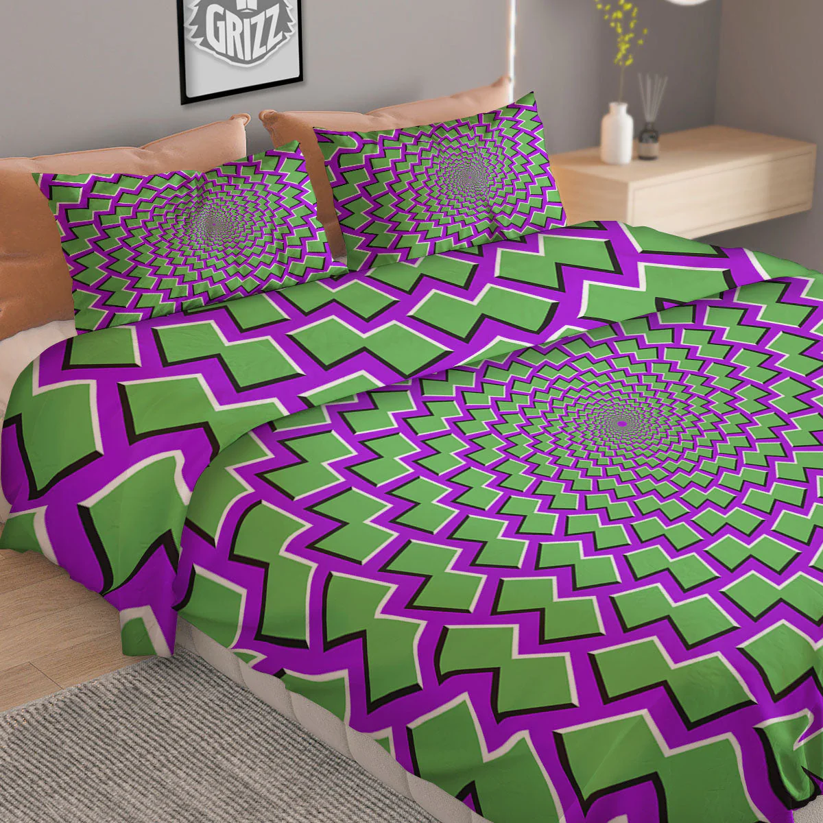 Moving Optical Illusion Green Shapes Duvet Cover Bedding Set - Image 2