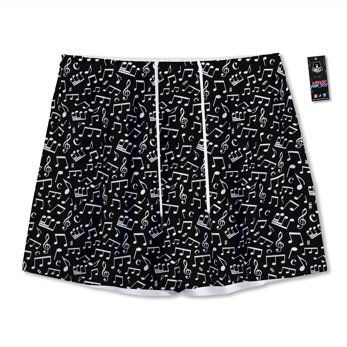 Music Note White And Black Print Pattern Mesh Shorts