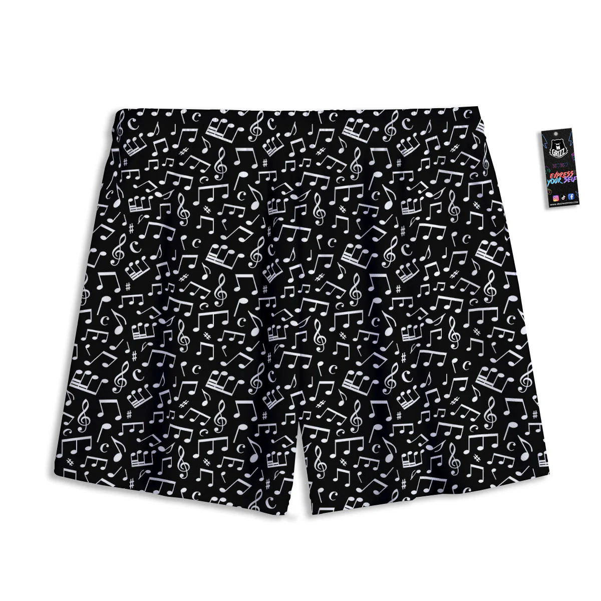 Music Note White And Black Print Pattern Mesh Shorts - Image 2