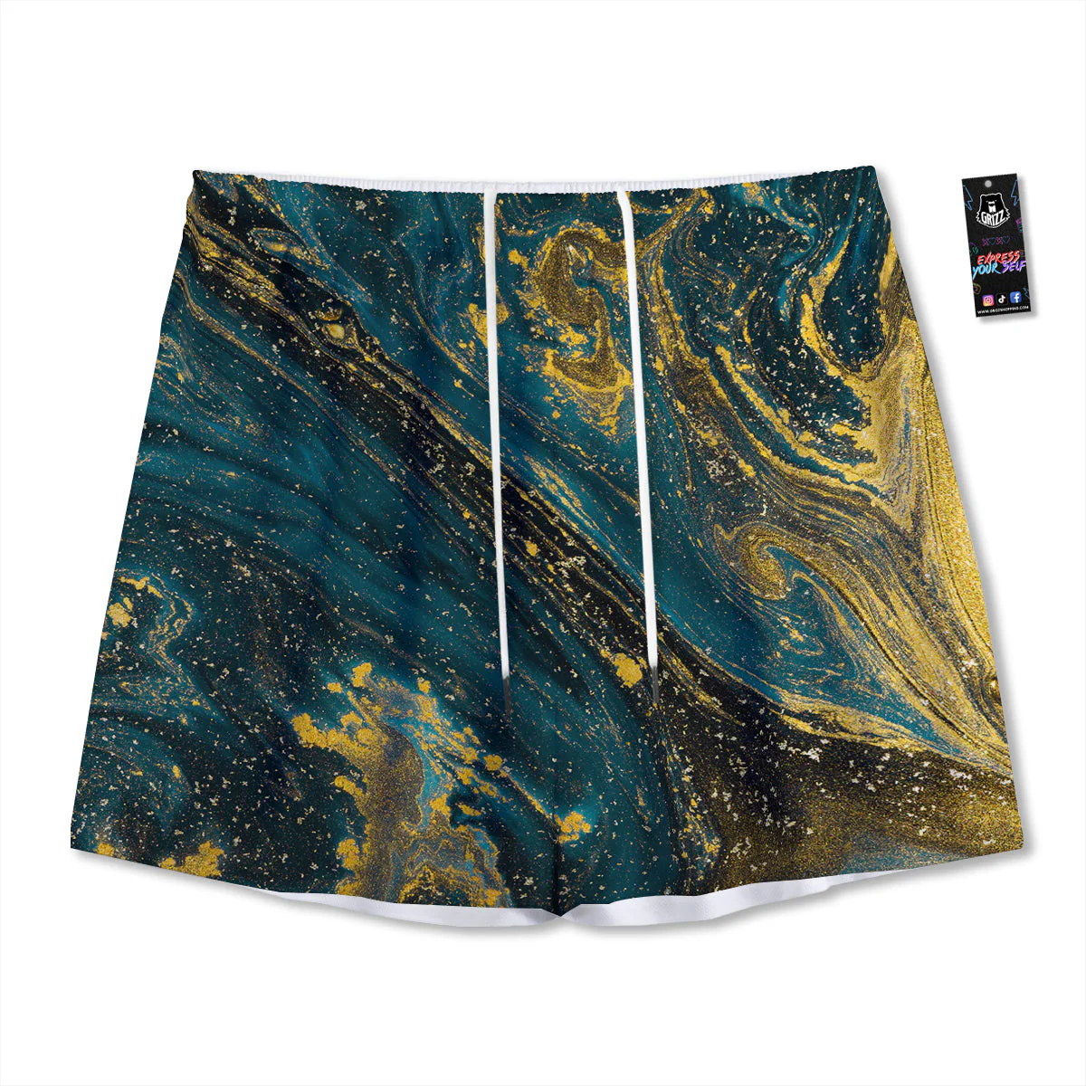 Natural Luxury Blue And Gold Marble Print Mesh Shorts