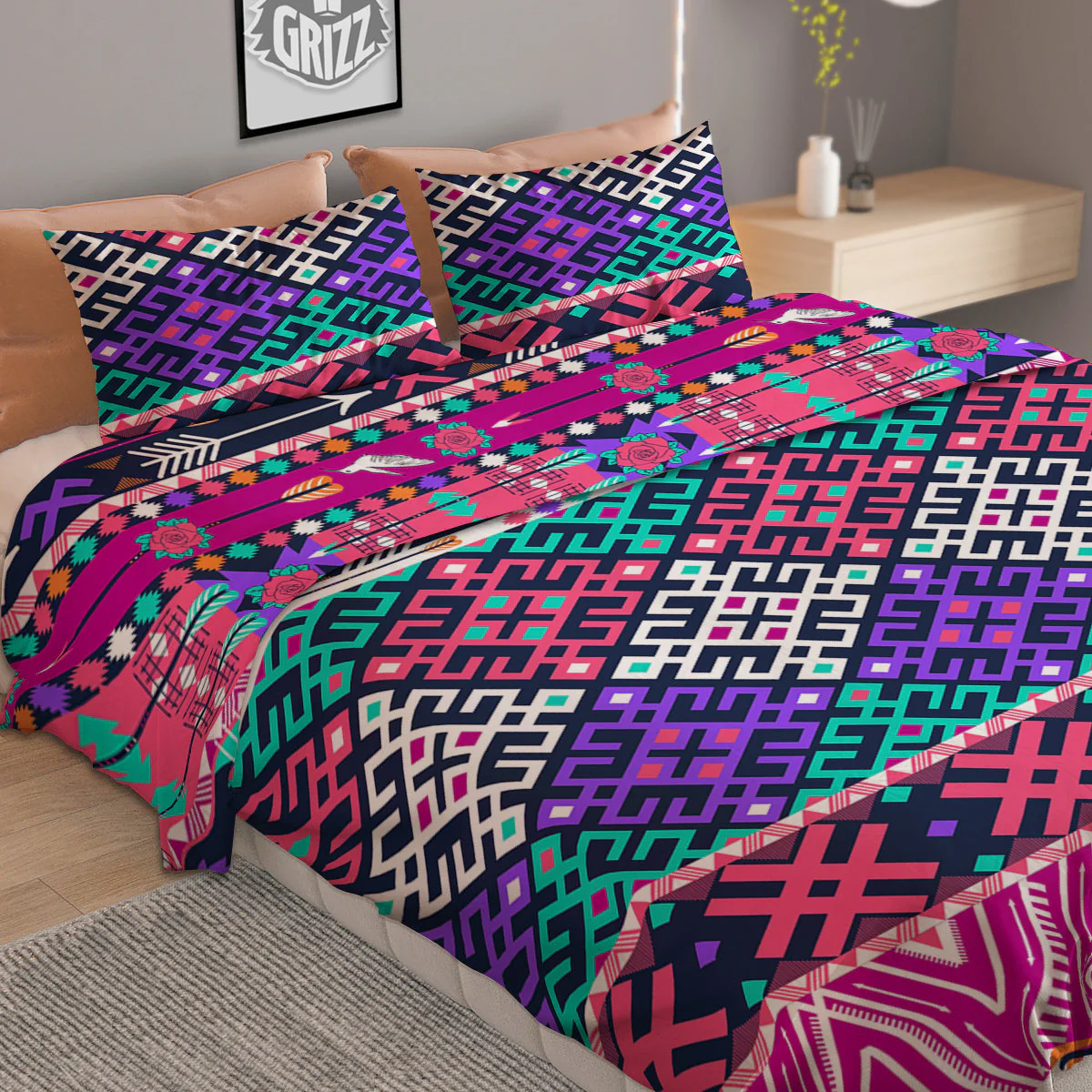 Navajo Tribal Colorful Native Print Duvet Cover Bedding Set - Image 2