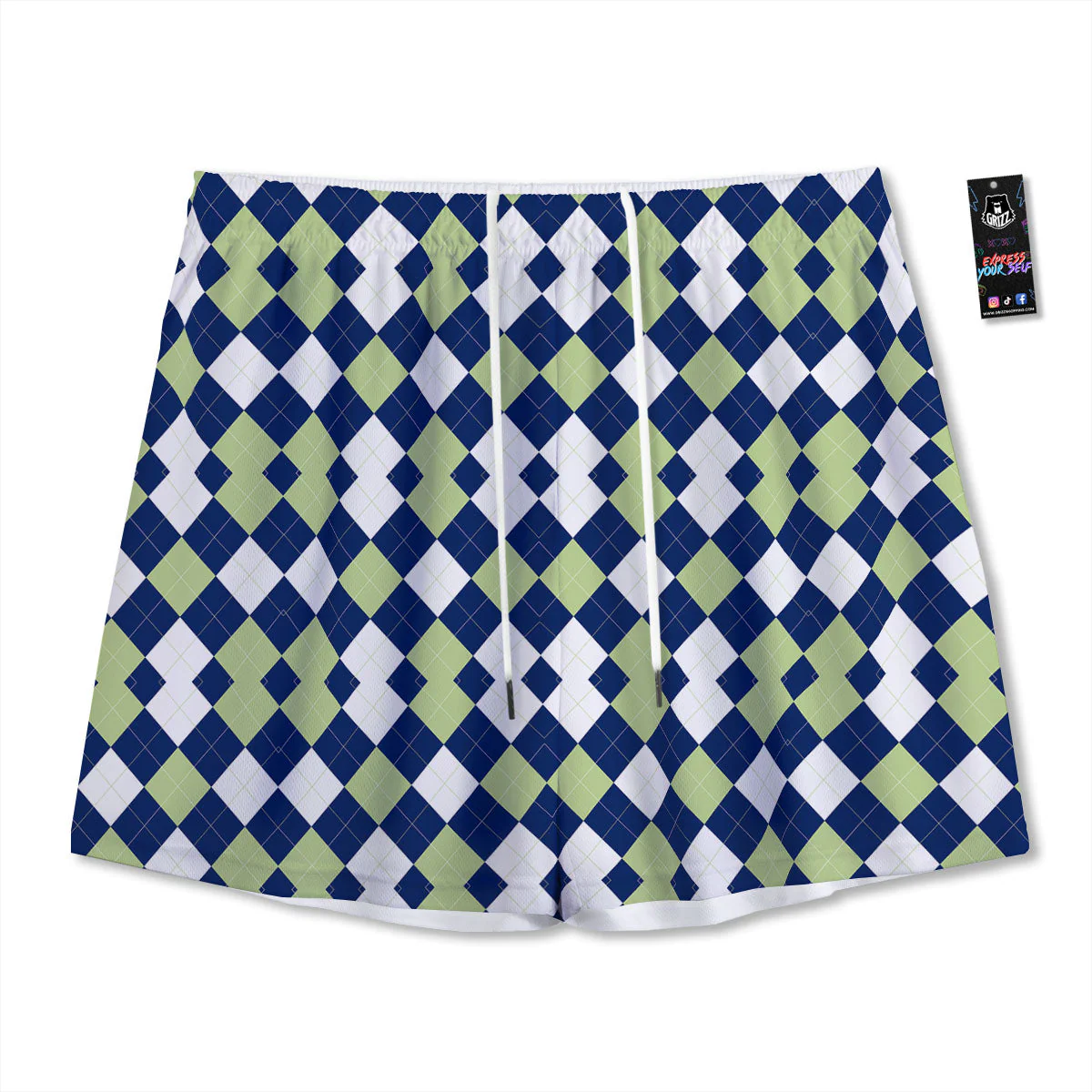 Navy Green And White Argyle Print Mesh Shorts