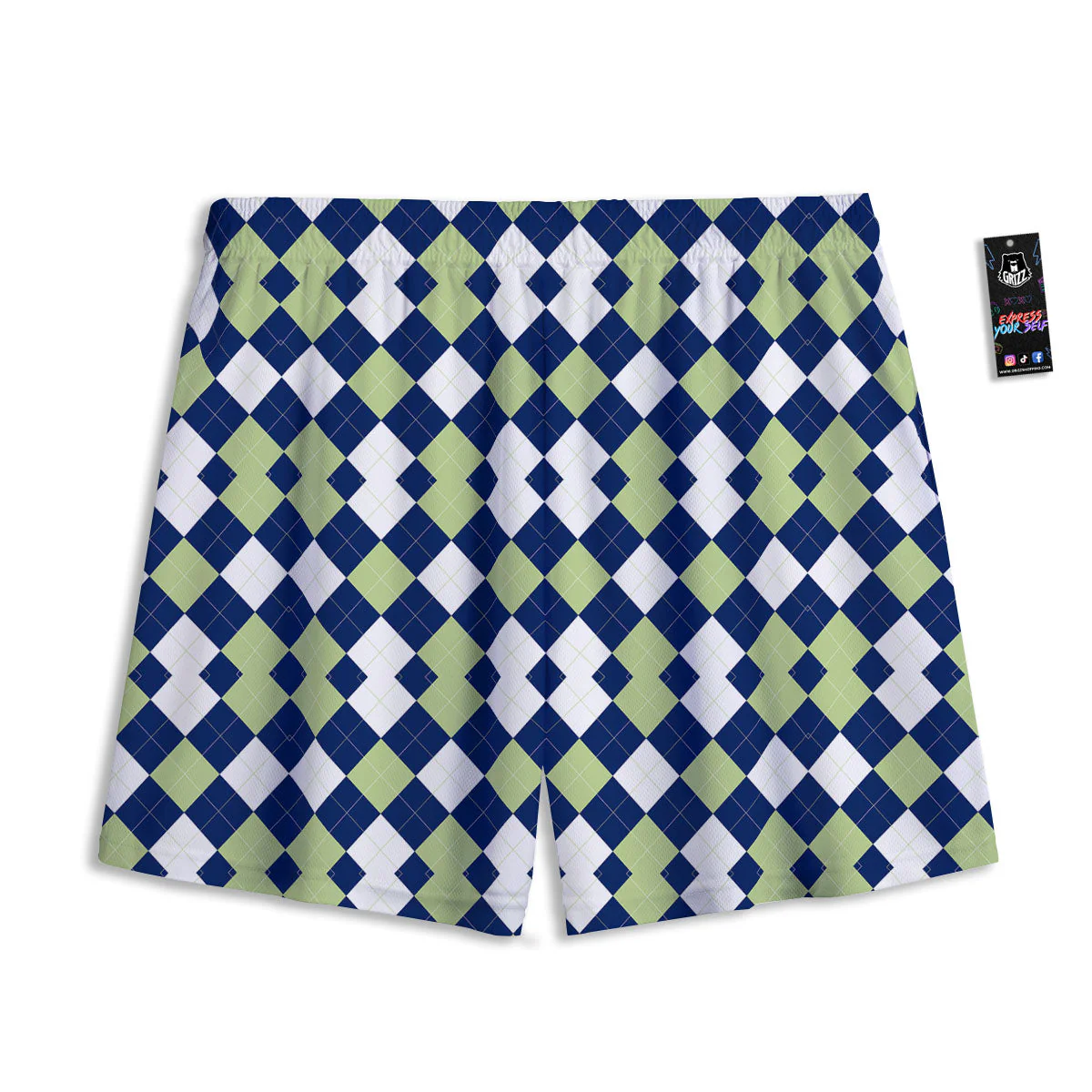 Navy Green And White Argyle Print Mesh Shorts - Image 2