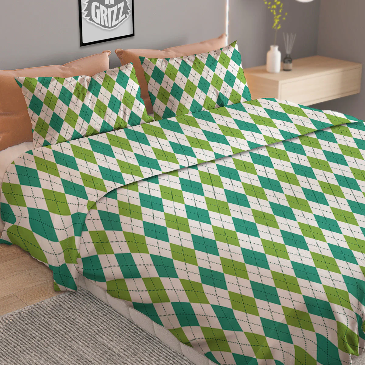 Navy White And Green Argyle Print Pattern Duvet Cover Bedding Set - Image 2