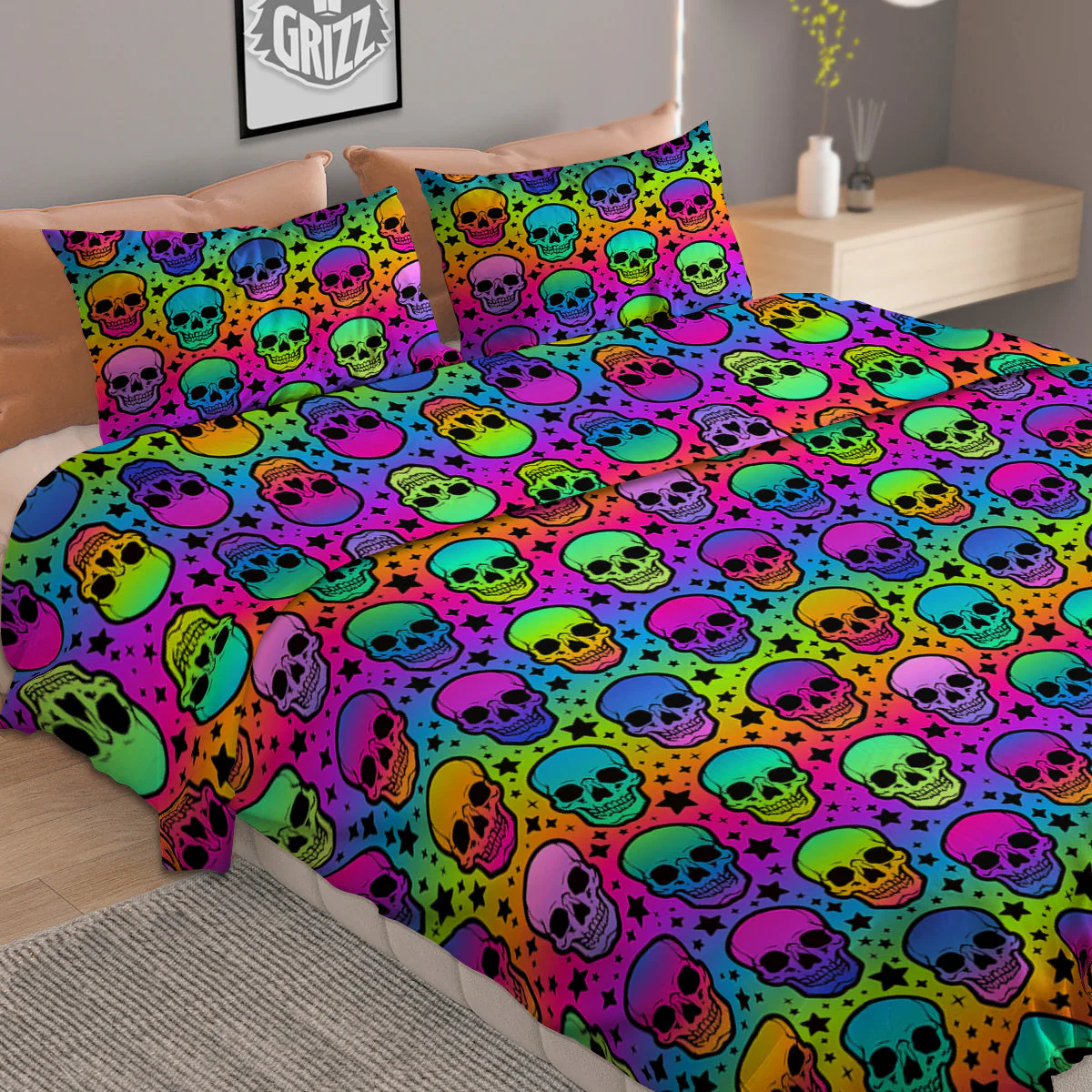 Neon Bright Human Skulls Print Pattern Duvet Cover Bedding Set - Image 2