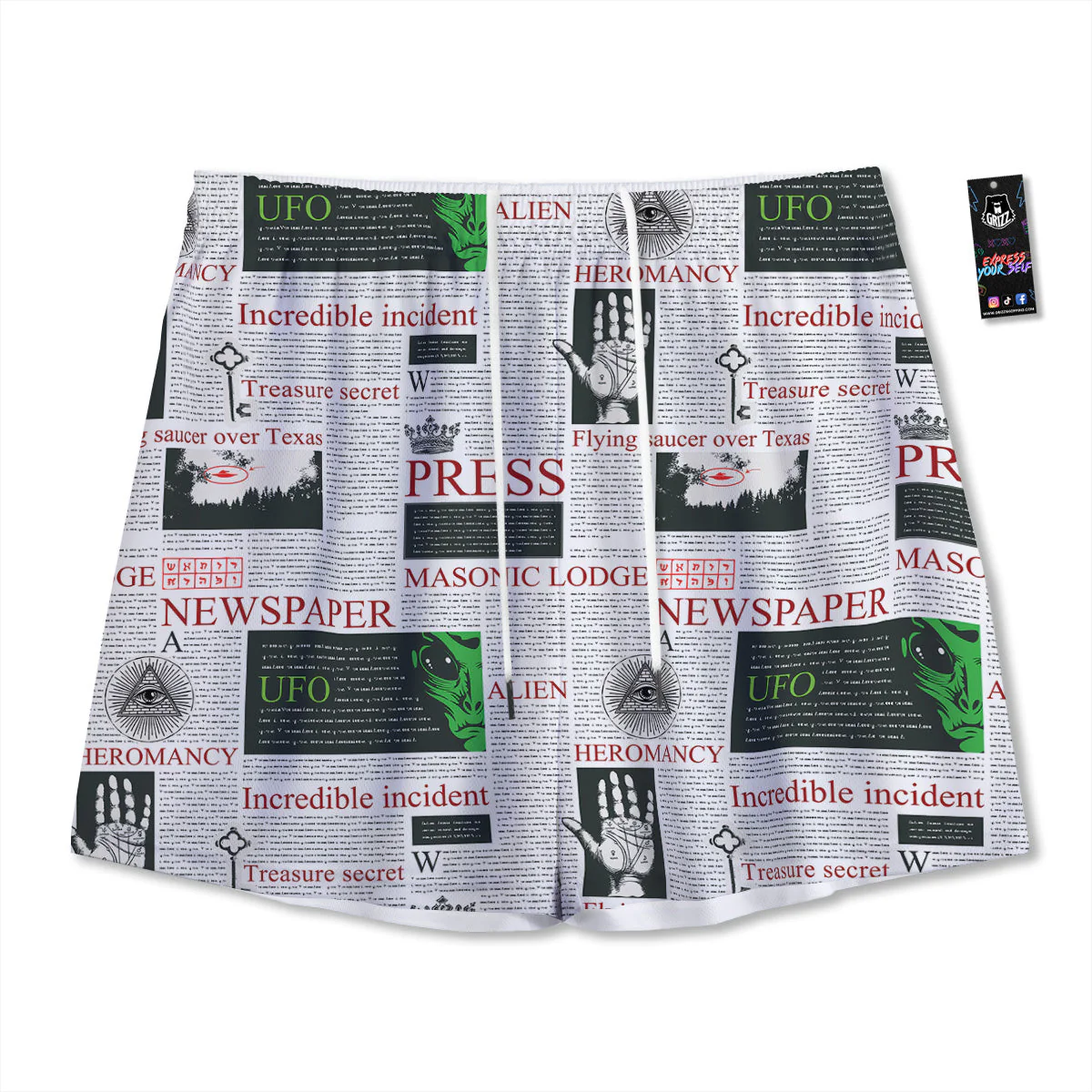 Newspaper Aliens Topic Print Pattern Mesh Shorts