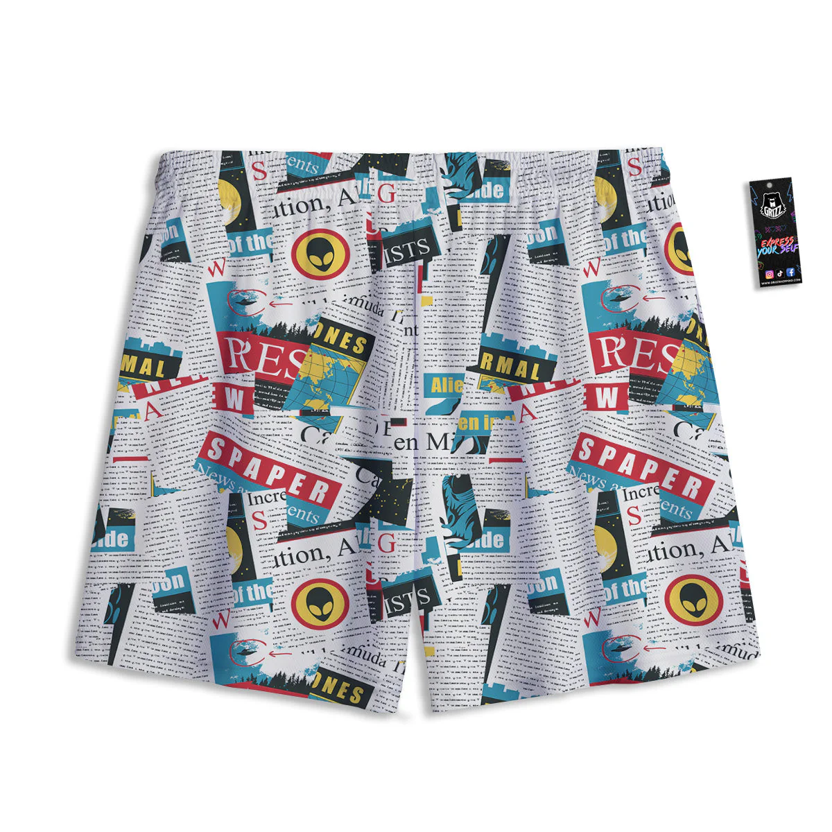 Newspaper Clippings On Aliens Topic Colorful Print Pattern Mesh Shorts - Image 2
