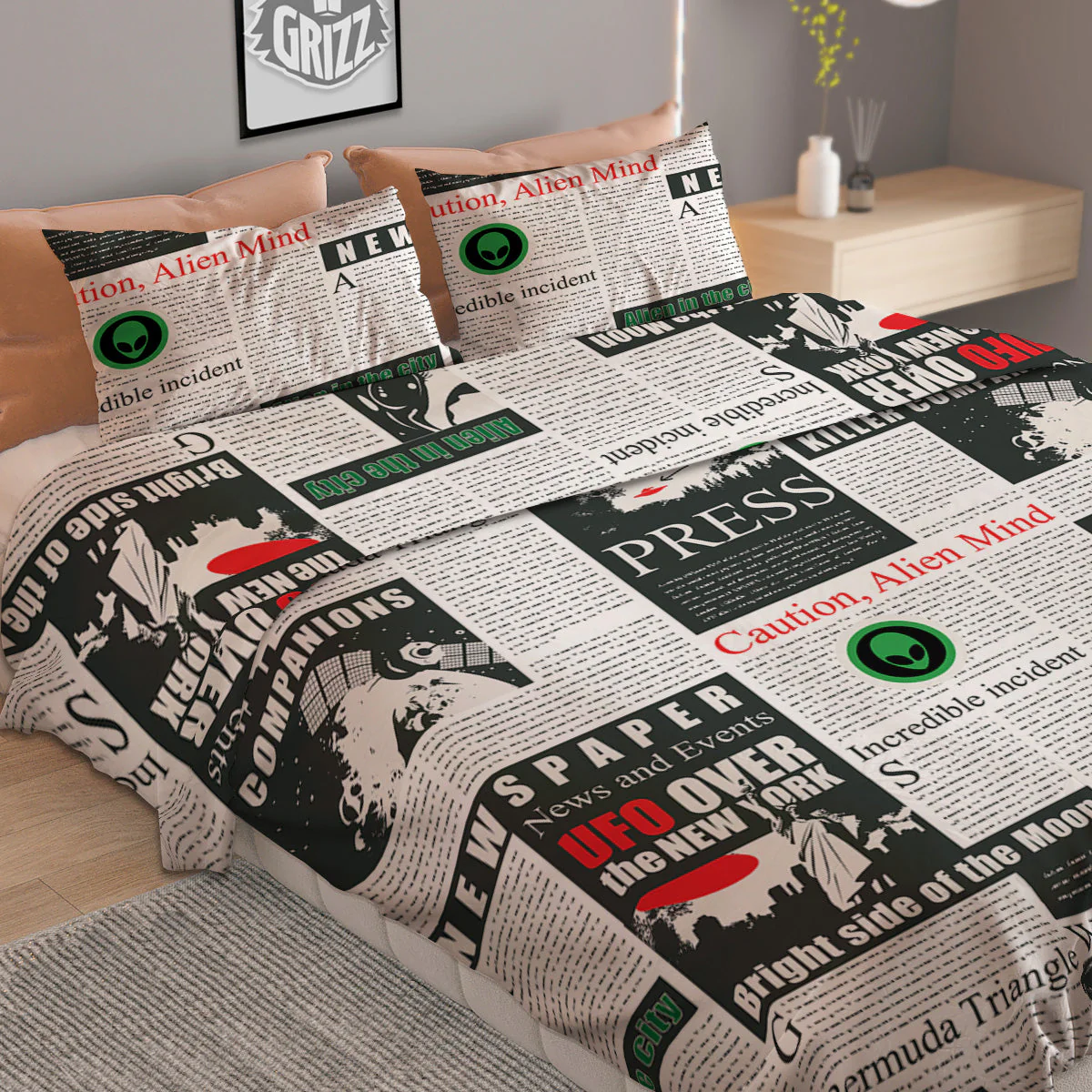Newspaper Headlines Alien Print Pattern Duvet Cover Bedding Set - Image 2