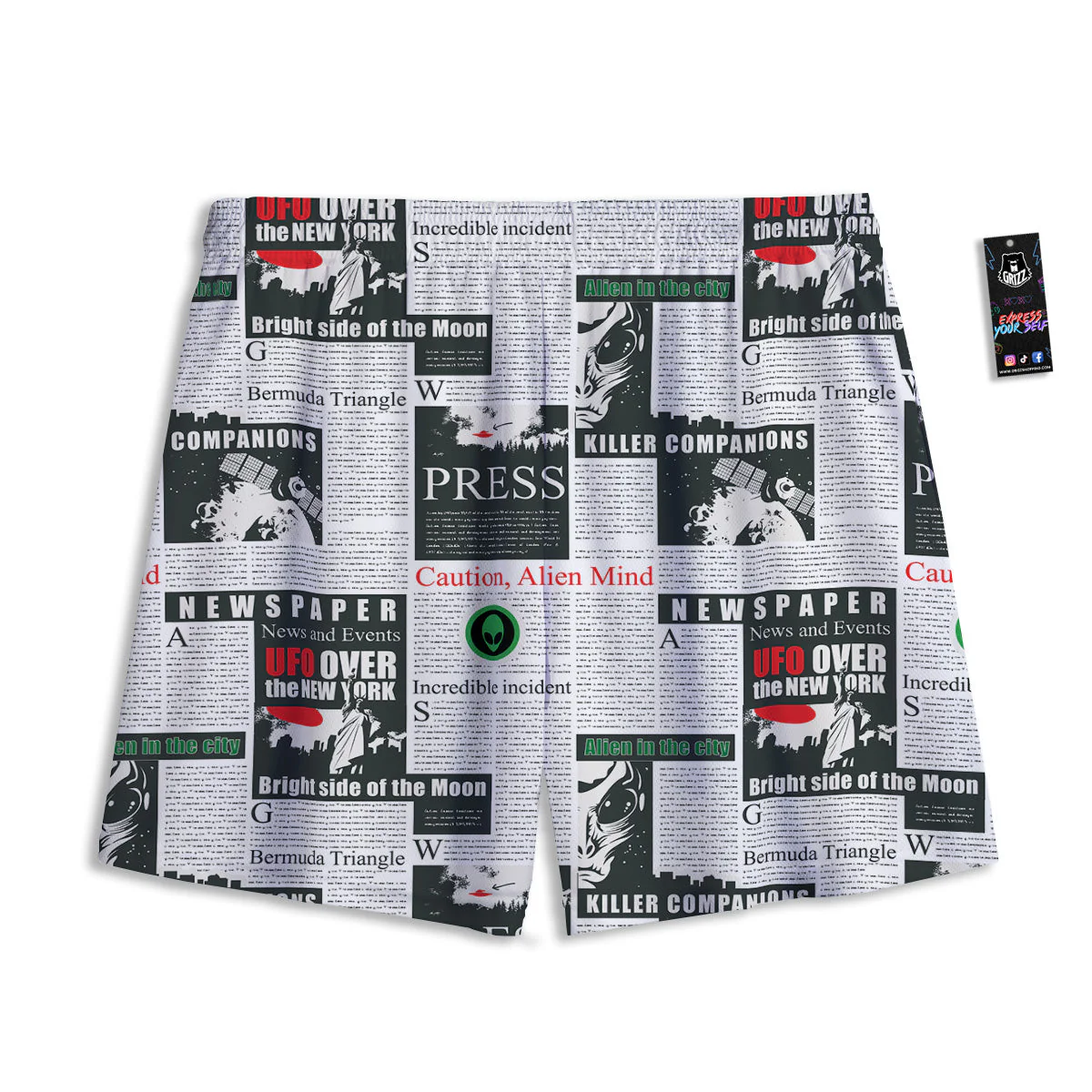 Newspaper Headlines Alien Print Pattern Mesh Shorts - Image 2