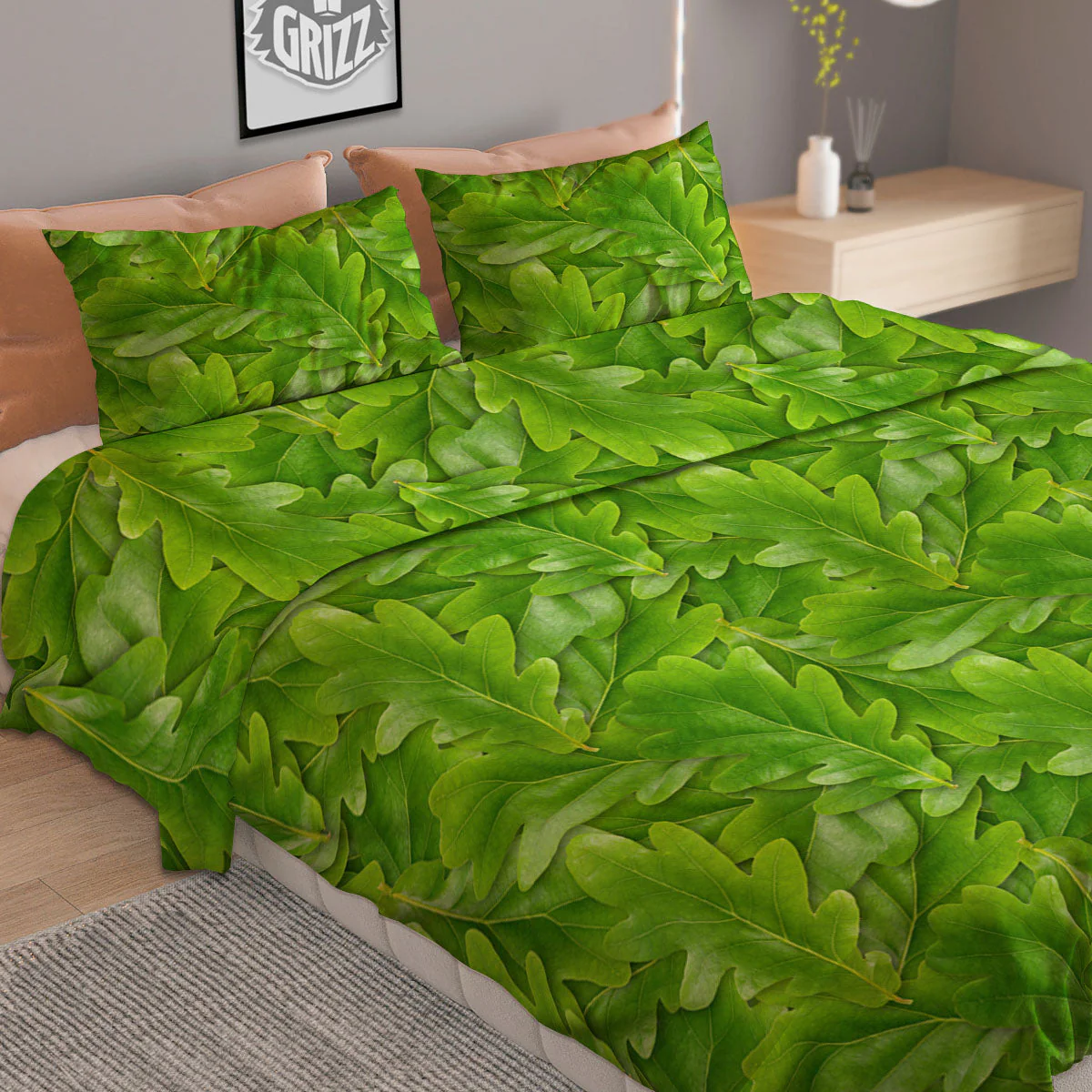 Oak Leaf Green Print Duvet Cover Bedding Set - Image 2