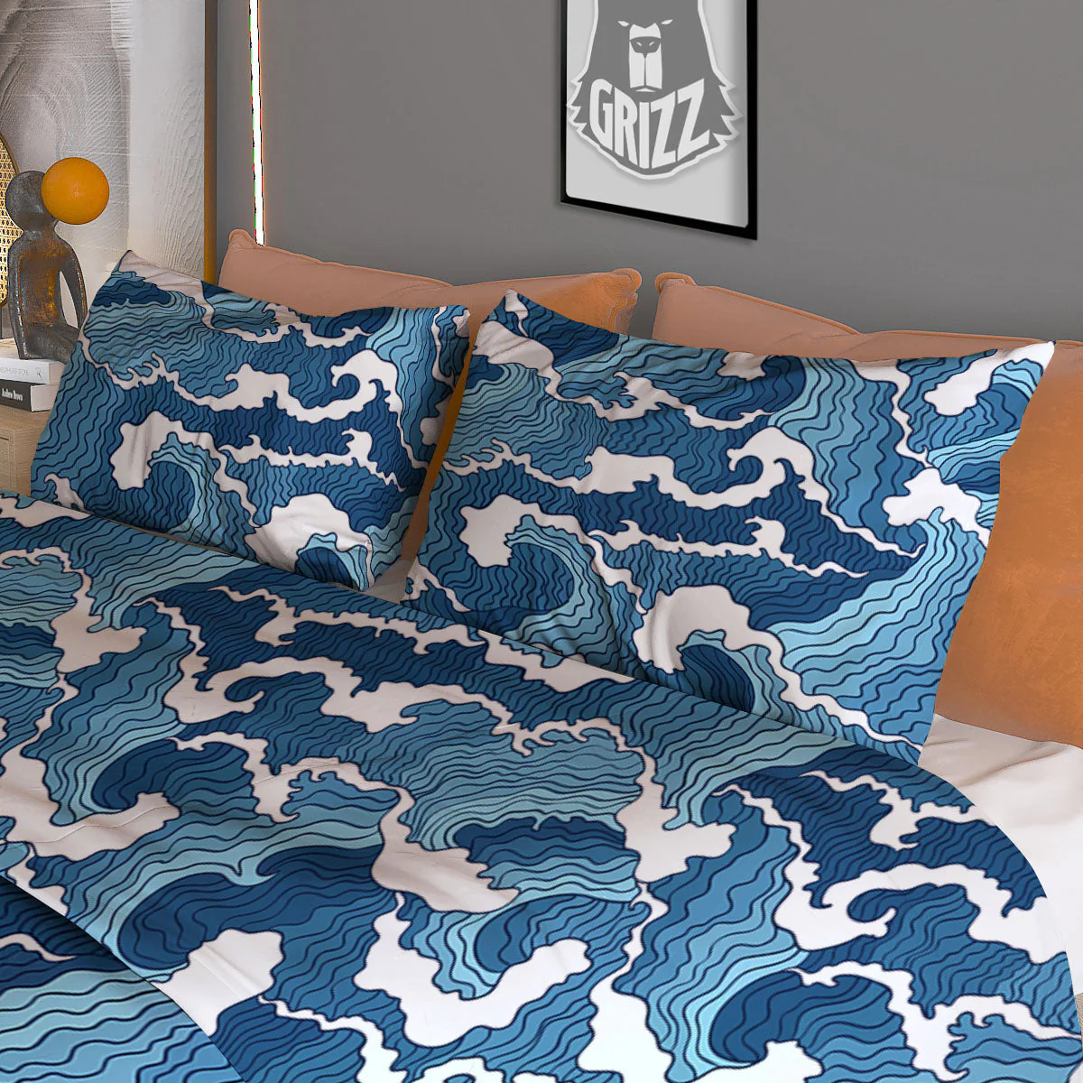 Ocean Wave Japanese Print Pattern Duvet Cover Bedding Set - Image 3