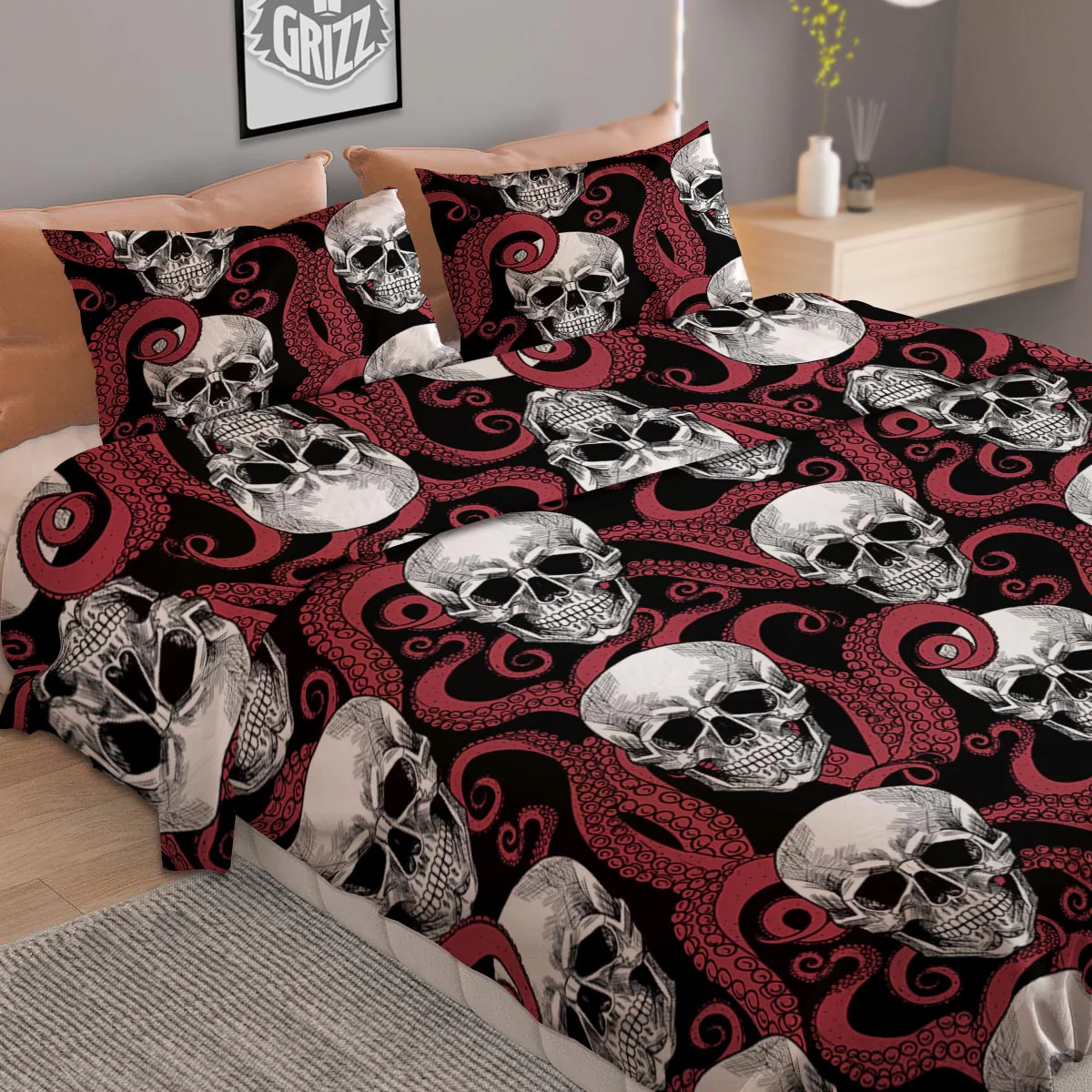 Octopus Skull Red Print Pattern Duvet Cover Bedding Set - Image 2
