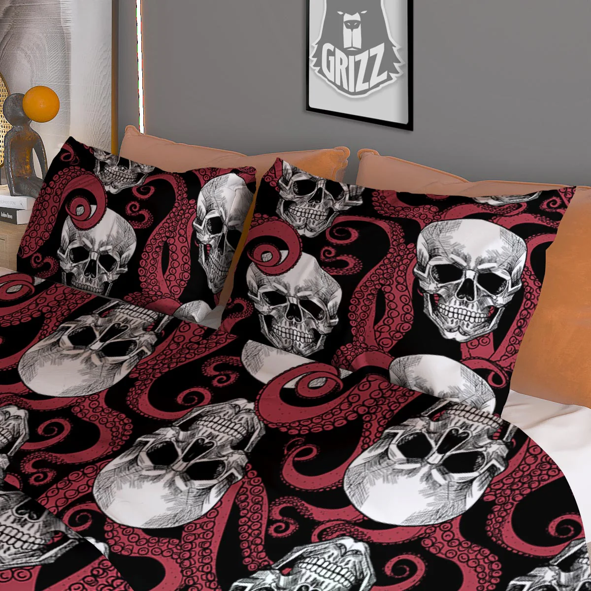 Octopus Skull Red Print Pattern Duvet Cover Bedding Set - Image 3