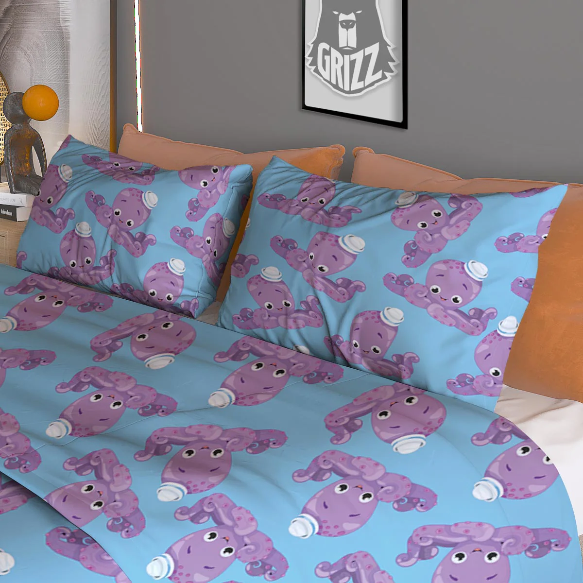 Octopus Teal And Purple Print Pattern Duvet Cover Bedding Set - Image 3