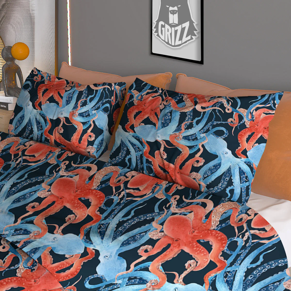 Octopus Watercolor Print Pattern Duvet Cover Bedding Set - Image 3