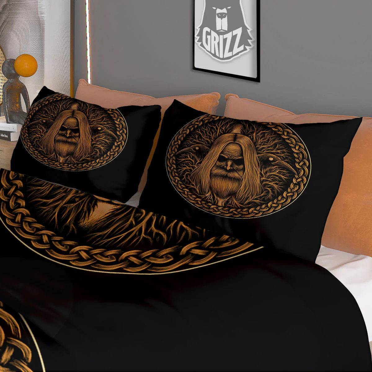 Odin Gold With Muninn And Huginn Print Duvet Cover Bedding Set - Image 3