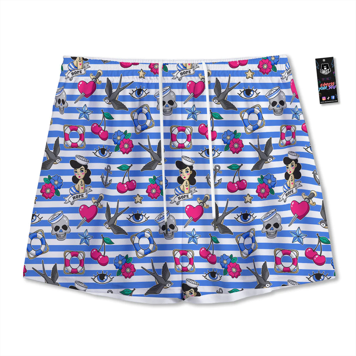 Old School Sailor Striped Print Pattern Mesh Shorts