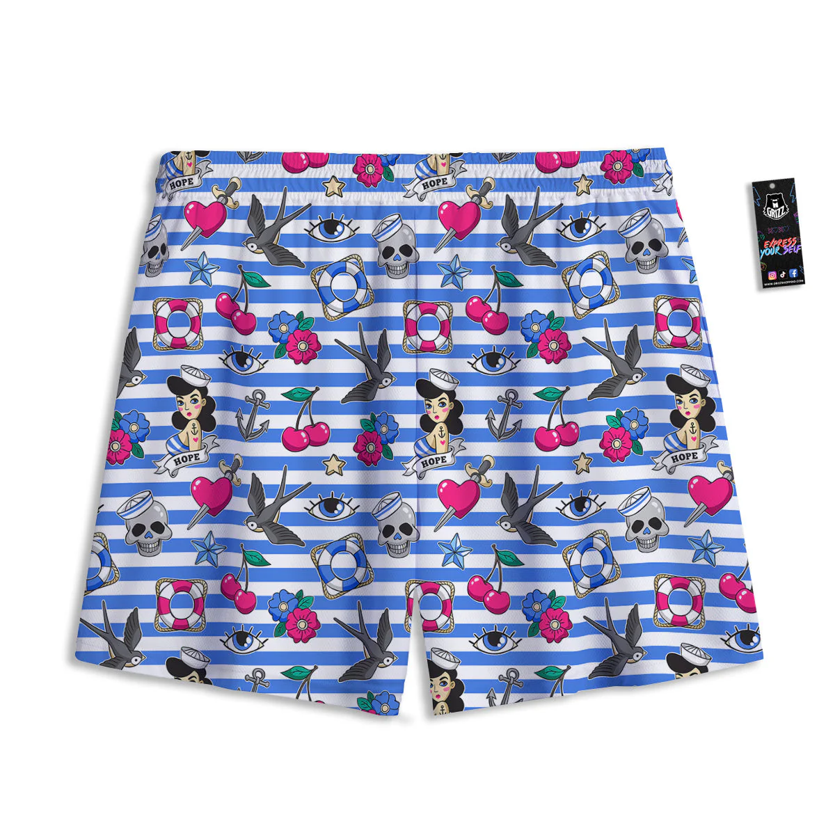 Old School Sailor Striped Print Pattern Mesh Shorts - Image 2