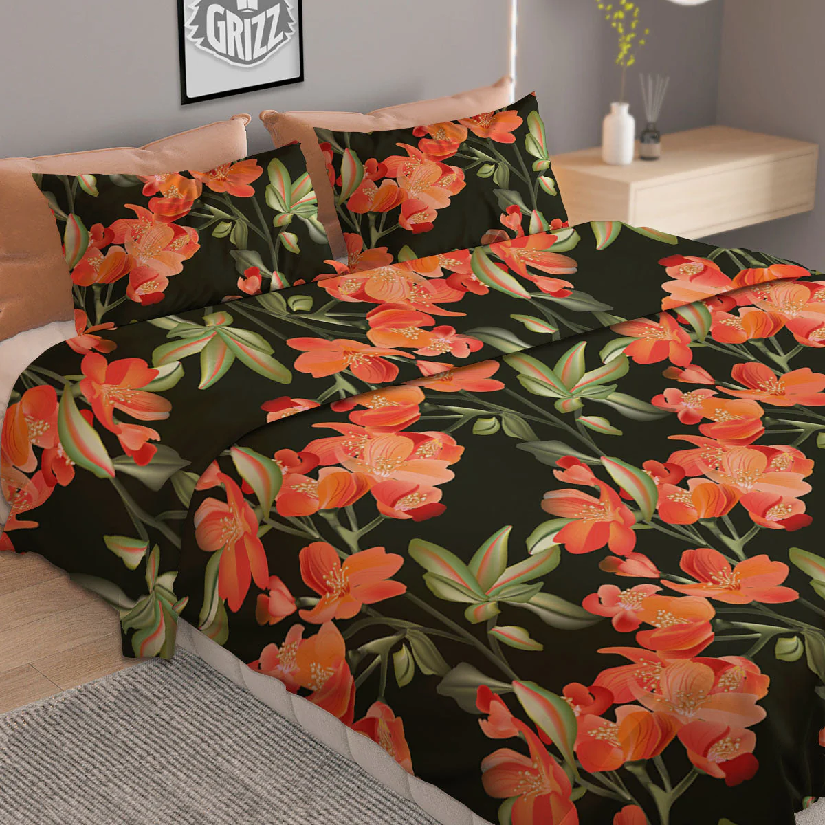 Orange Alstroemeria Print Pattern Duvet Cover Bedding Set - Image 2