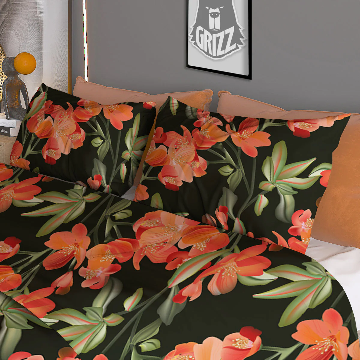 Orange Alstroemeria Print Pattern Duvet Cover Bedding Set - Image 3