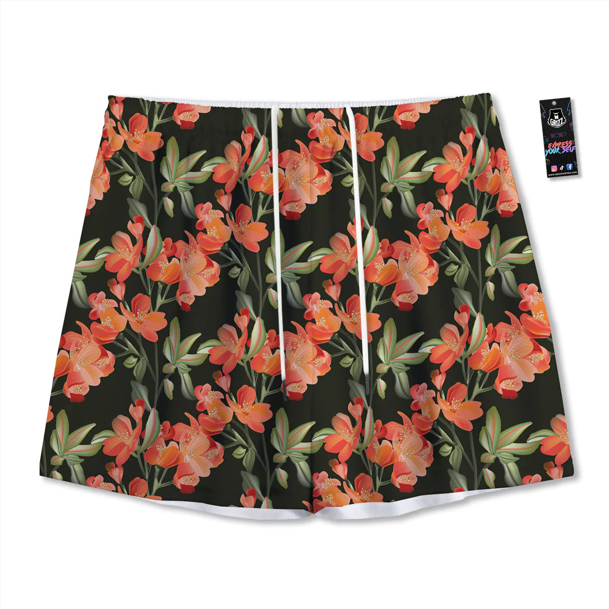 Orange Alstroemeria Print Pattern Mesh Shorts