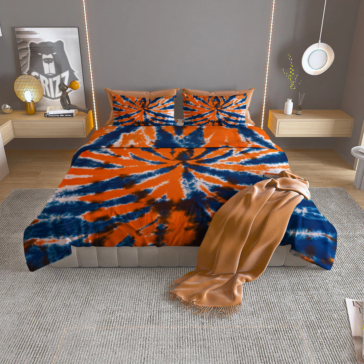 Orange And Blue Tie Dye Spider Print Duvet Cover Bedding Set