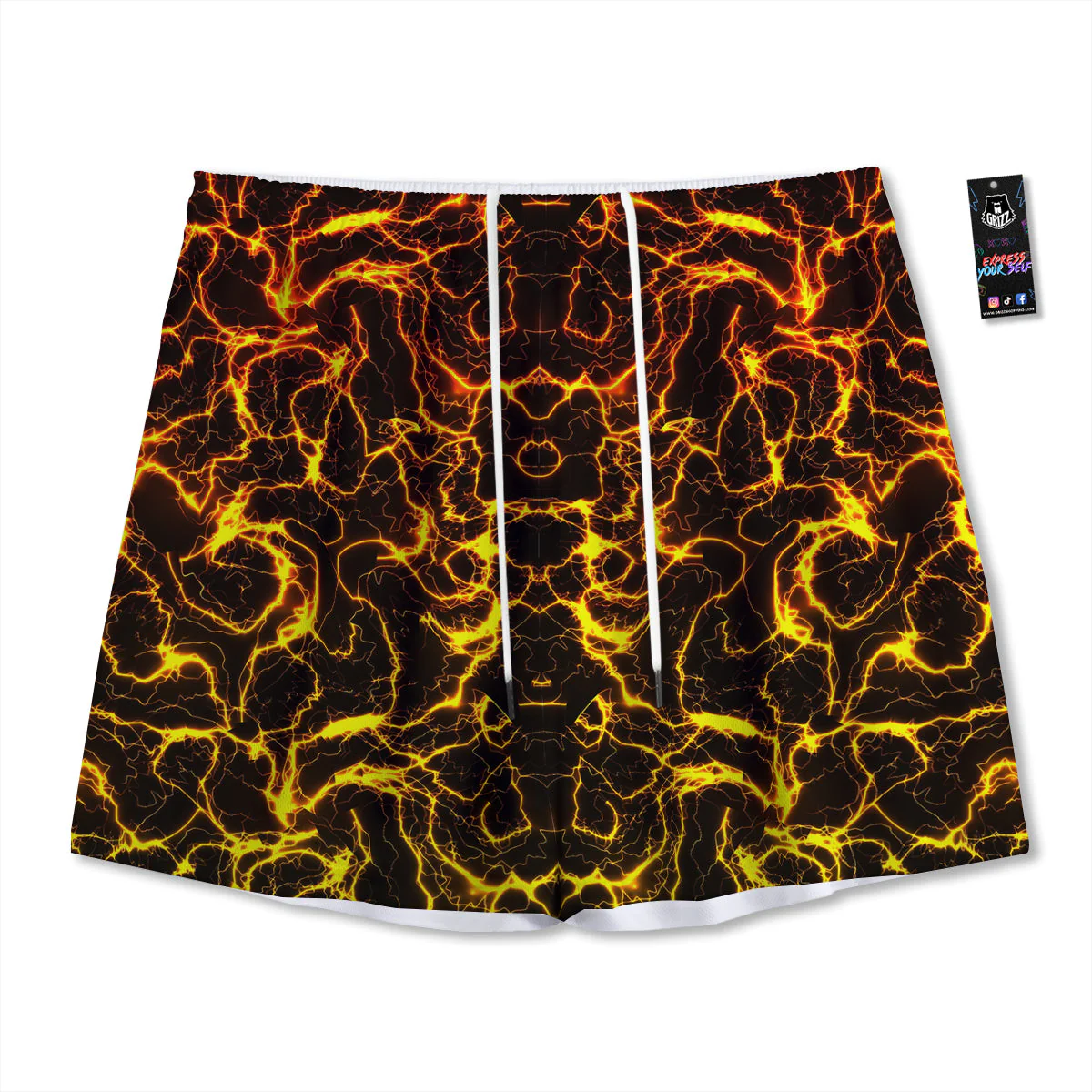 Orange And Gold Lightning Print Mesh Shorts