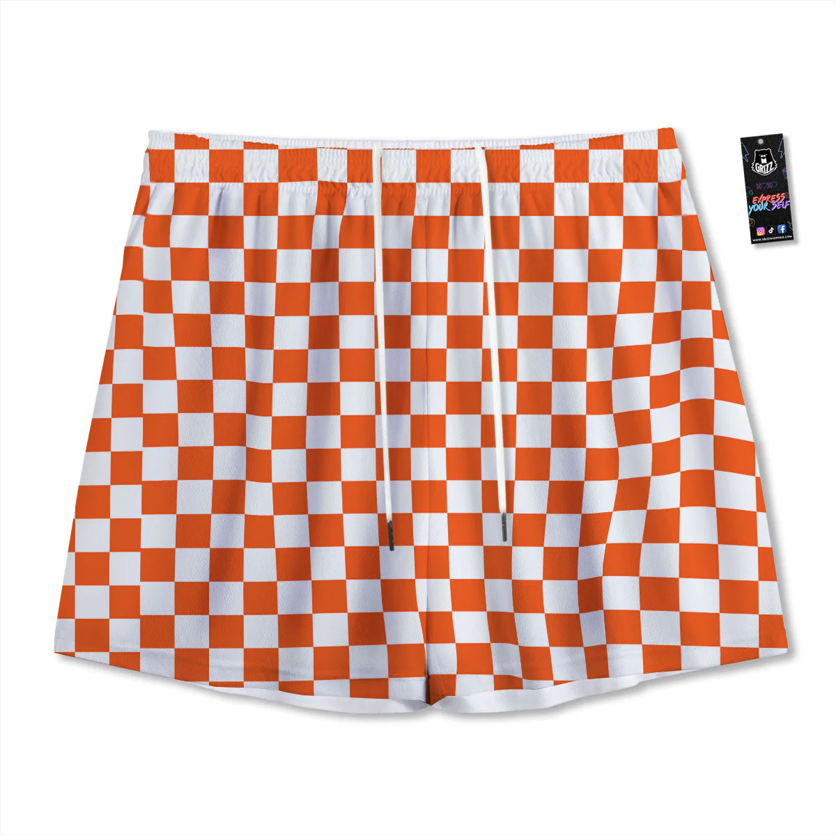 Orange And White Checkered Print Pattern Mesh Shorts