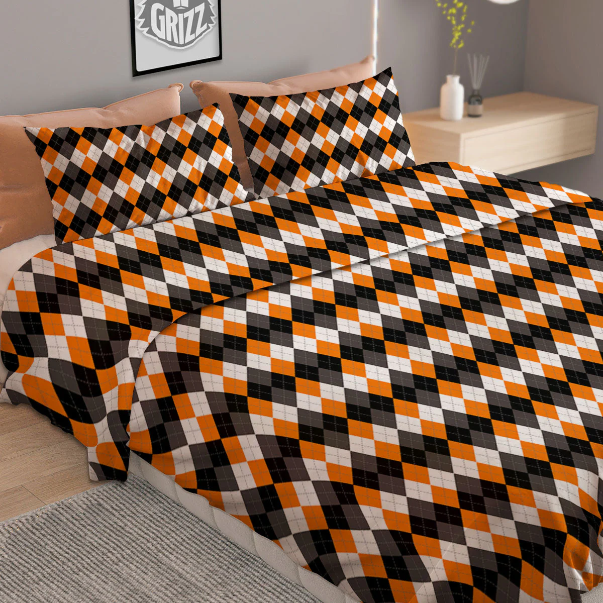 Orange And White Grey Black Argyle Print Duvet Cover Bedding Set - Image 2