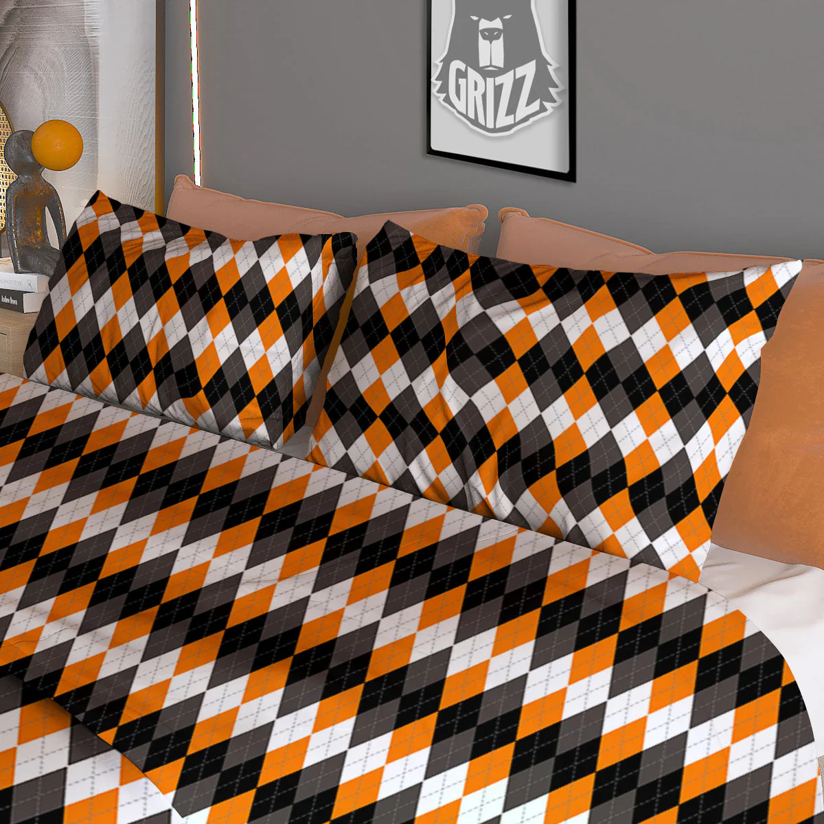 Orange And White Grey Black Argyle Print Duvet Cover Bedding Set - Image 3