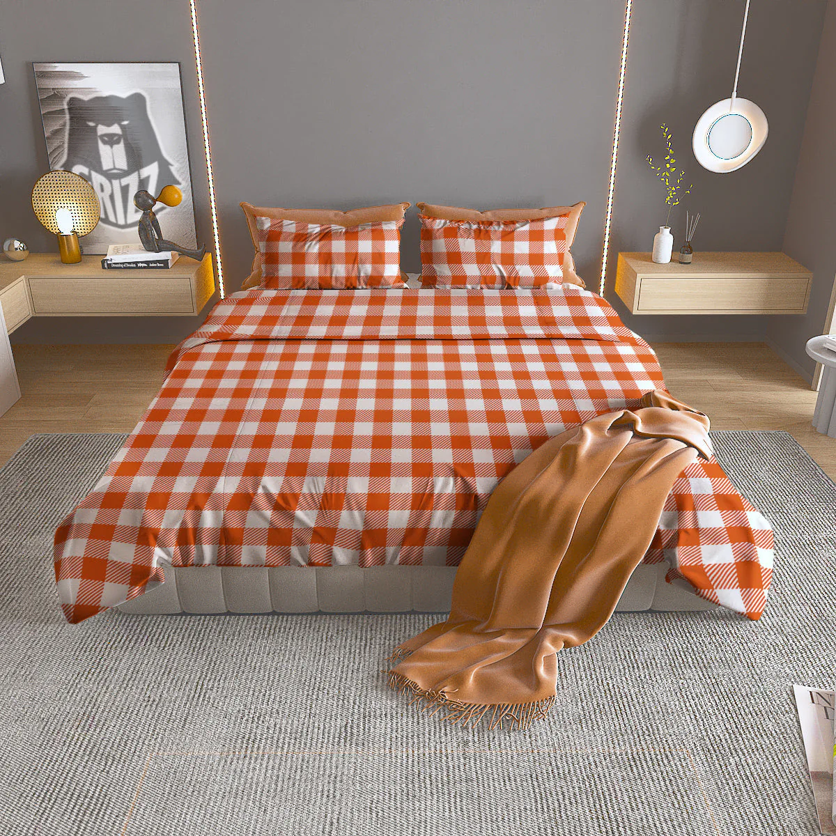 Orange Burnt And White Check Print Duvet Cover Bedding Set