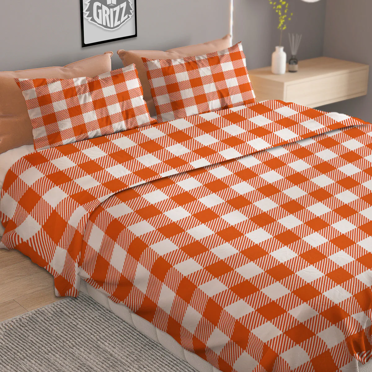 Orange Burnt And White Check Print Duvet Cover Bedding Set - Image 2